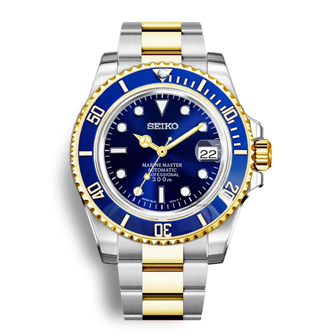 Seiko Mod Submariner Oyster Rolesor Gold | Blue - Chrono Mod
