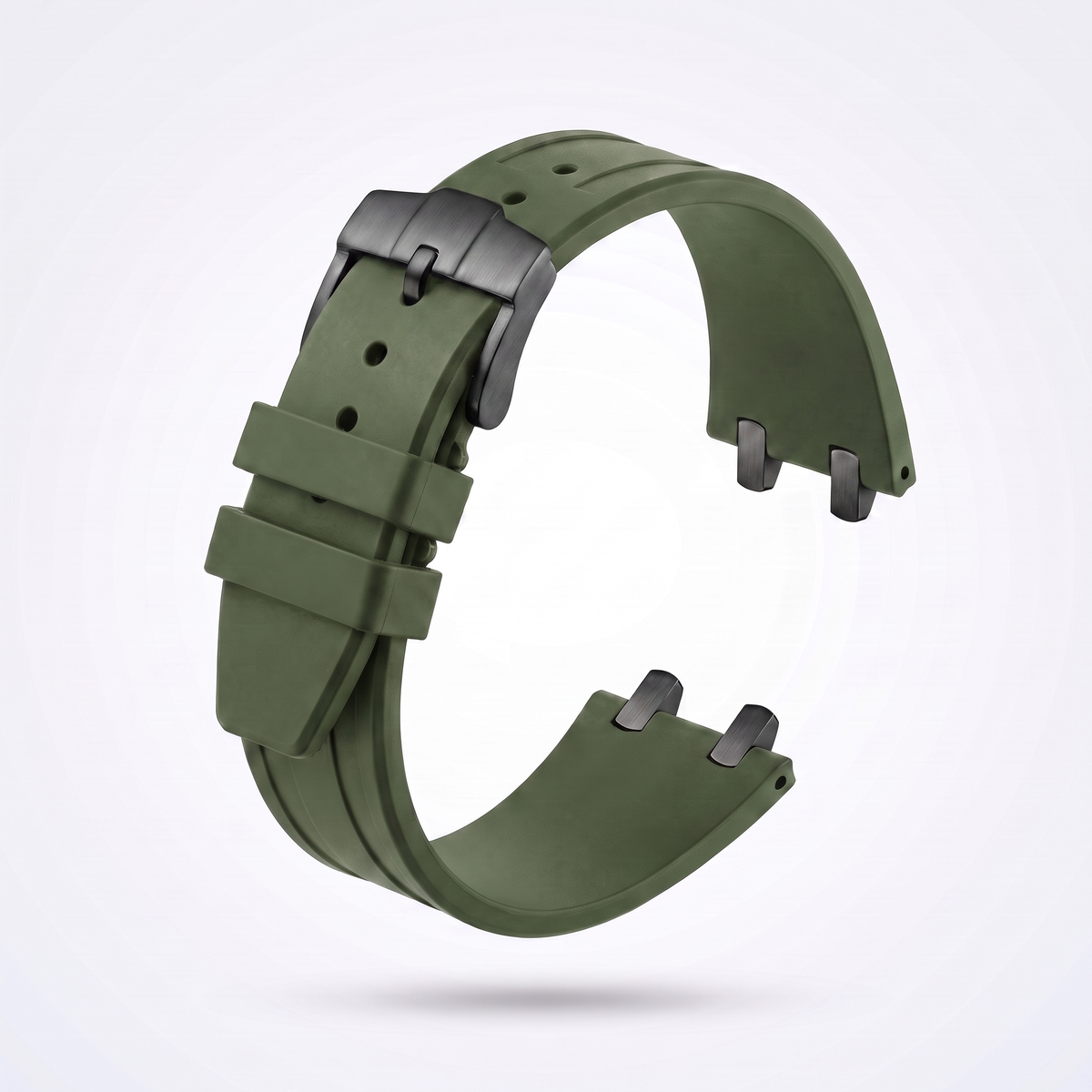 Army green 26 mm rubber watch strap for the Apex case with matte black PVD pin buckle