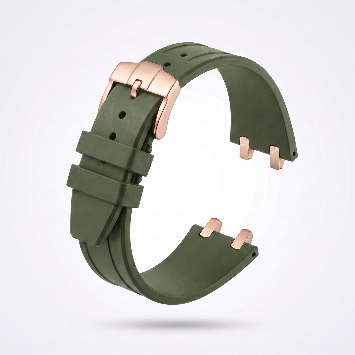 Army green 26 mm rubber watch strap for the Apex case with polished rose gold pin buckle