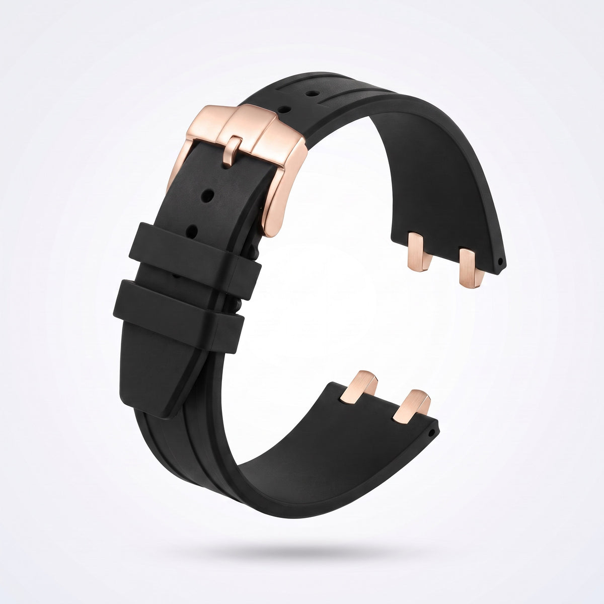 Black 26 mm rubber watch strap for the Apex case with polished rose gold pin buckle
