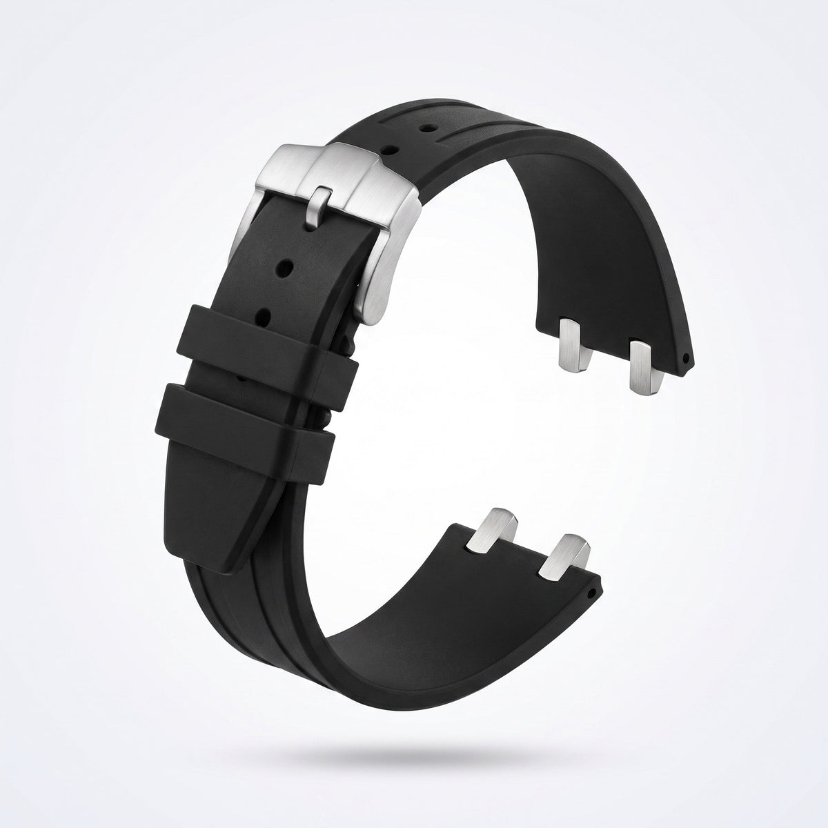 Black 26 mm rubber watch strap for the Apex case with brushed stainless steel pin buckle