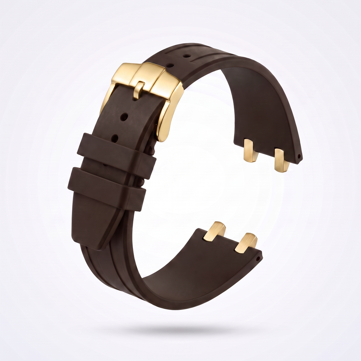 Brown 26 mm rubber watch strap for the Apex case with polished yellow gold pin buckle