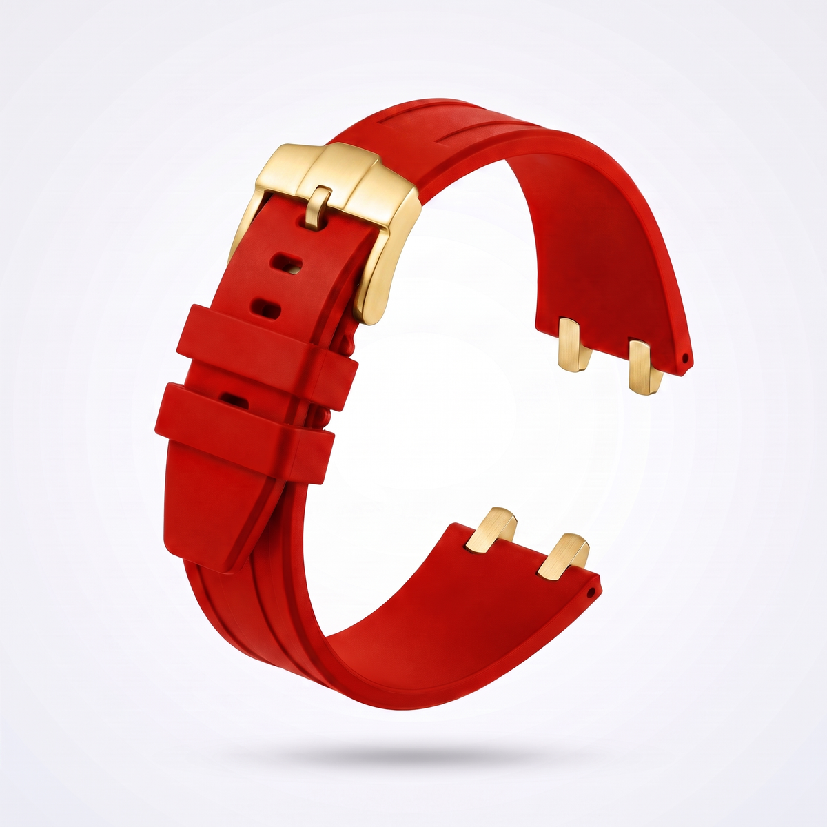 Crimson red 26 mm rubber watch strap for the Apex case with polished yellow gold pin buckle