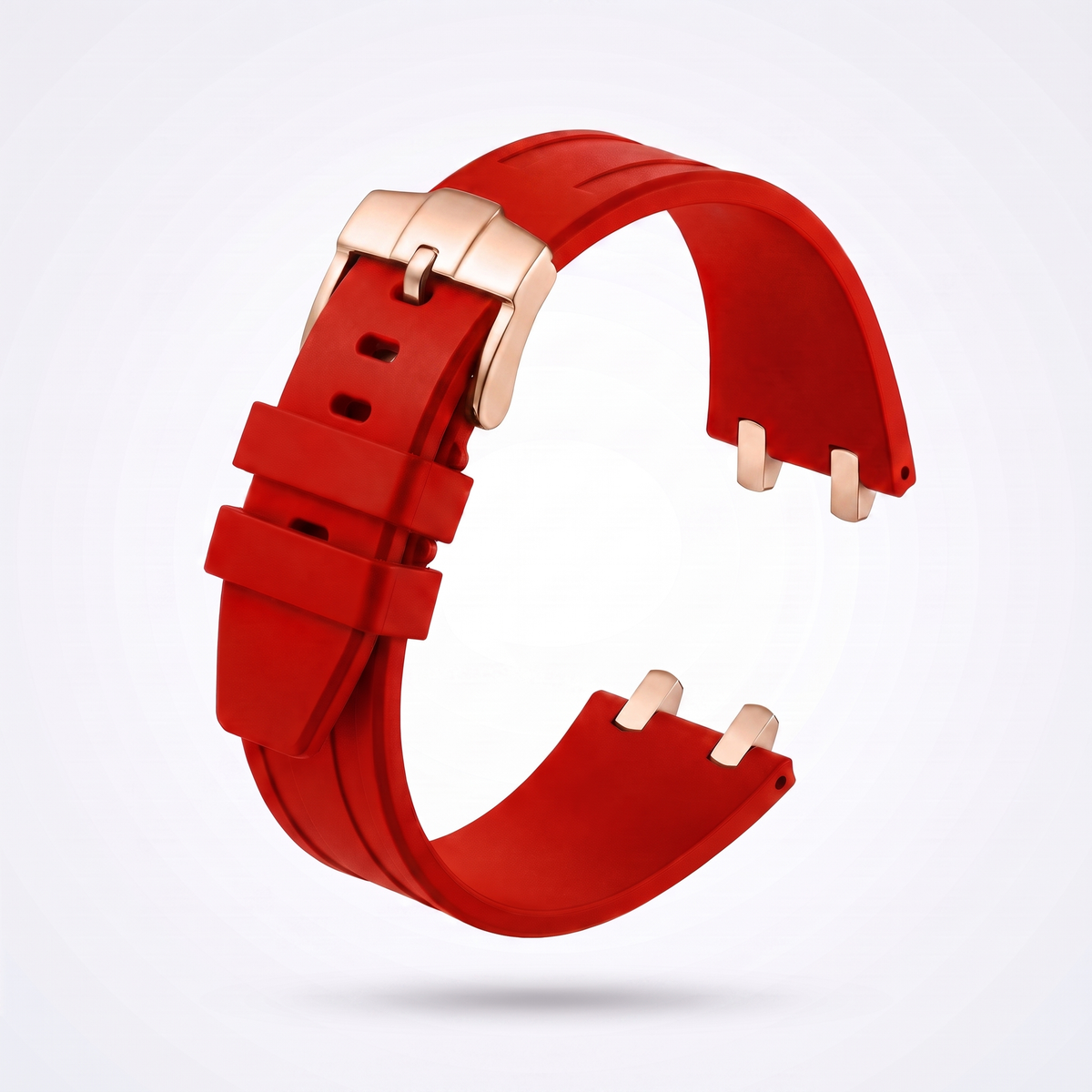 Crimson red 26 mm rubber watch strap for the Apex case with polished rose gold pin buckle