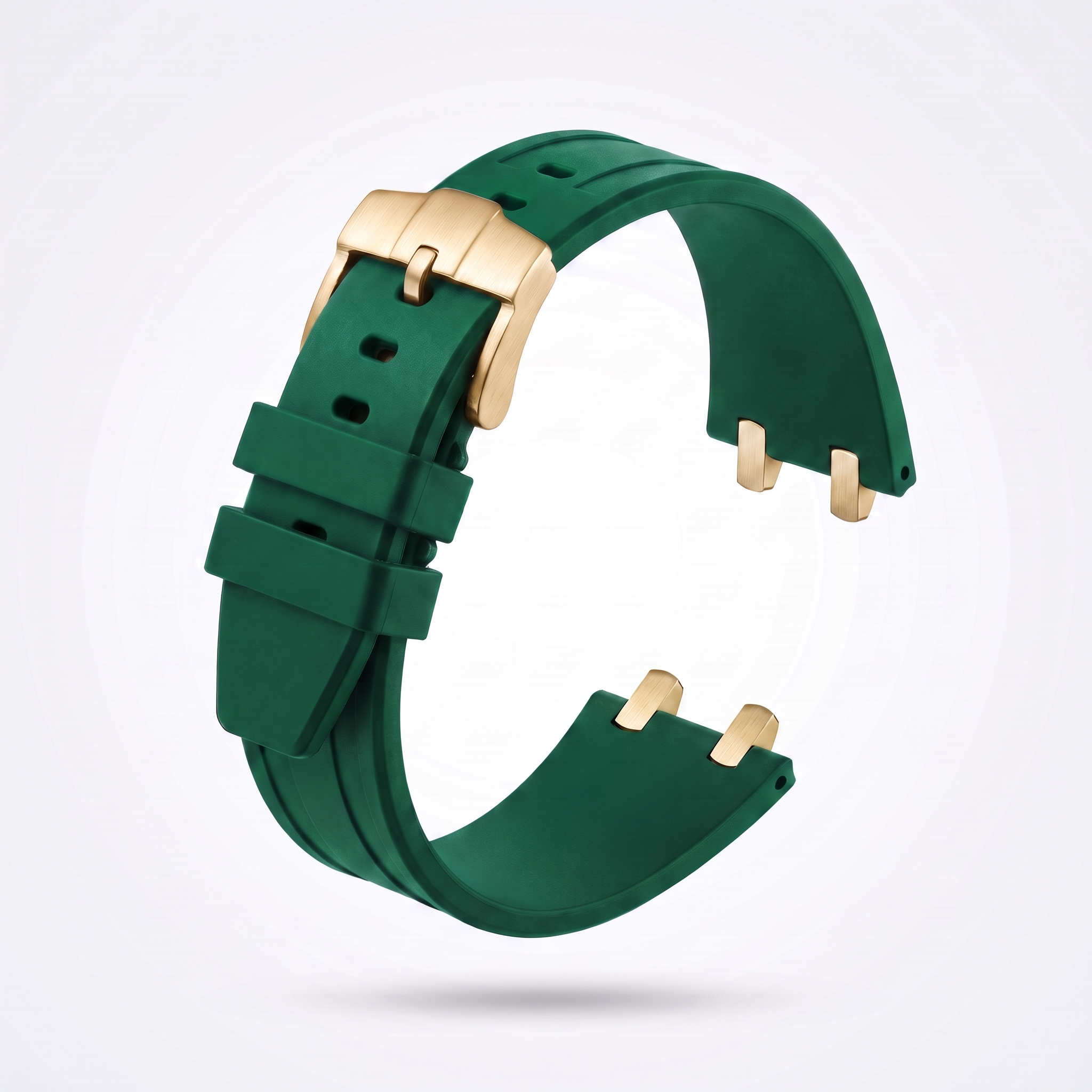 Emerald green 26 mm rubber watch strap for the Apex case with polished yellow gold pin buckle