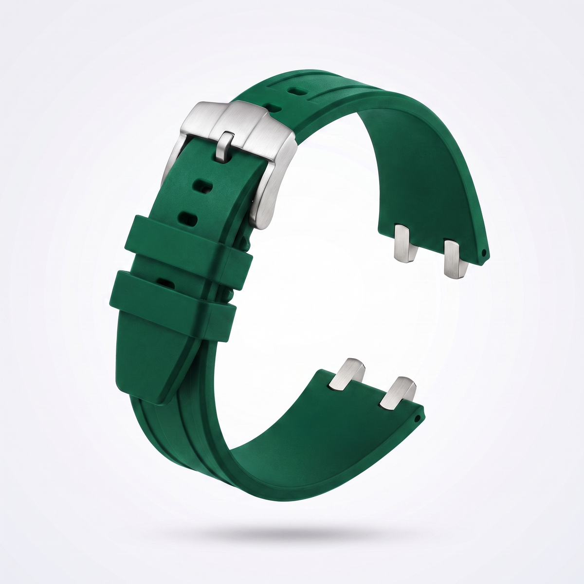 Emerald green 26 mm rubber watch strap for the Apex case with brushed stainless steel pin buckle
