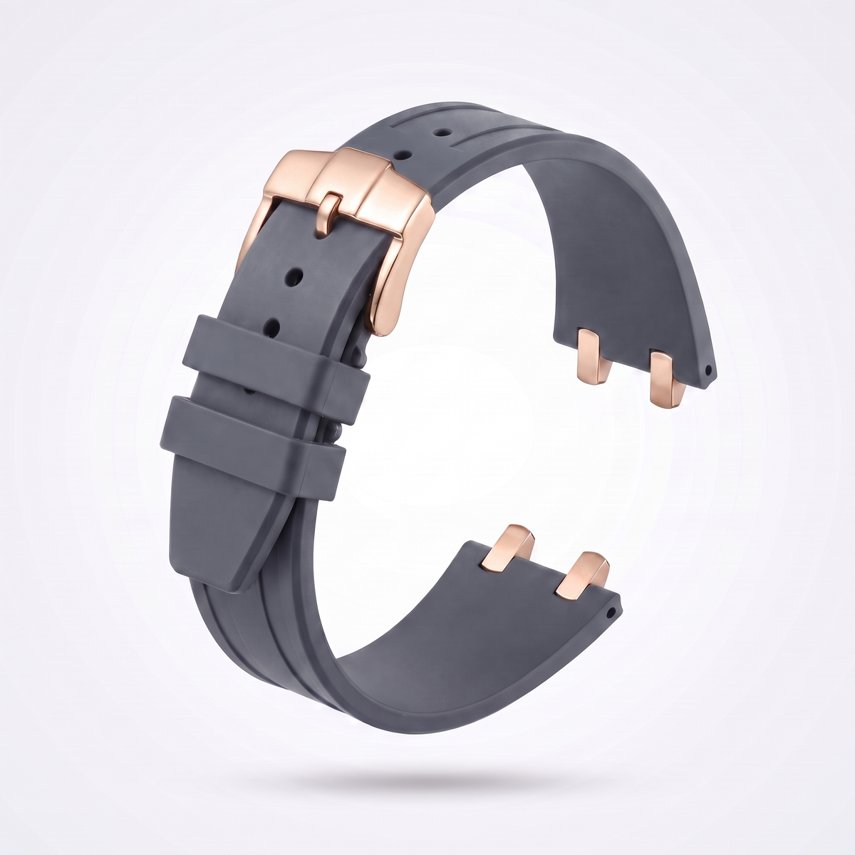 Grey 26 mm rubber watch strap for the Apex case with polished rose gold pin buckle