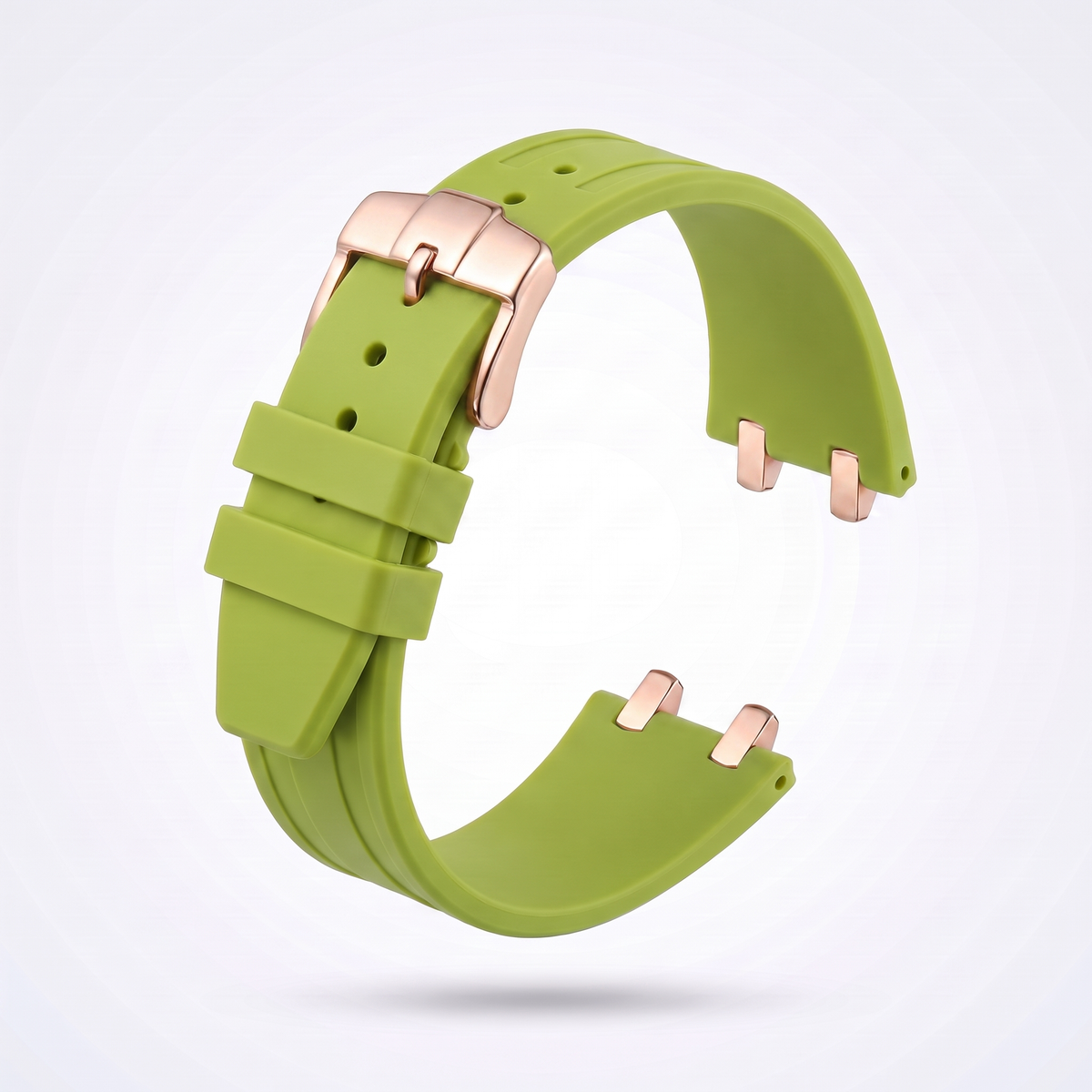 Lime green 26 mm rubber watch strap for the Apex case with polished rose gold pin buckle