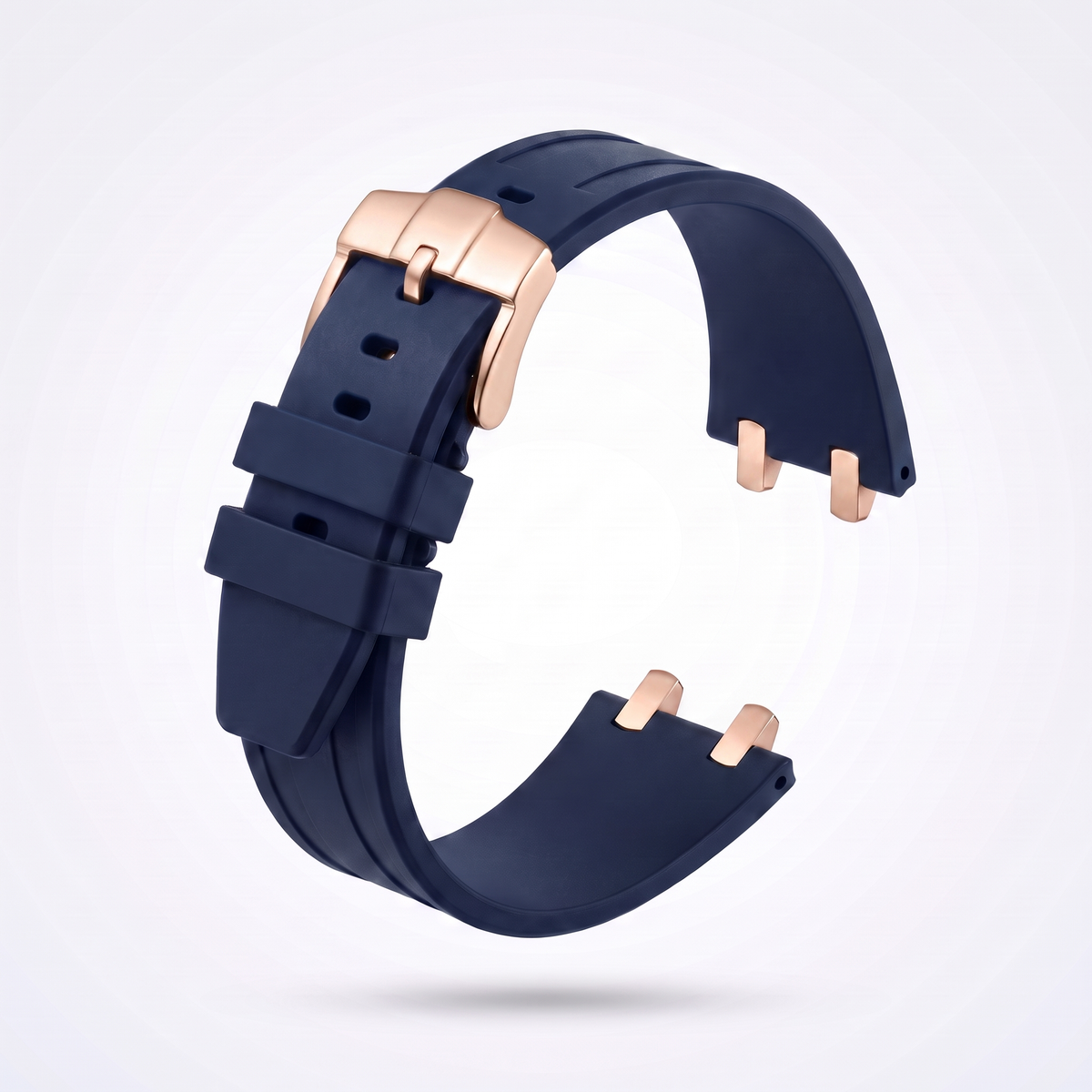 Midnight blue 26 mm rubber watch strap for the Apex case with polished rose gold pin buckle