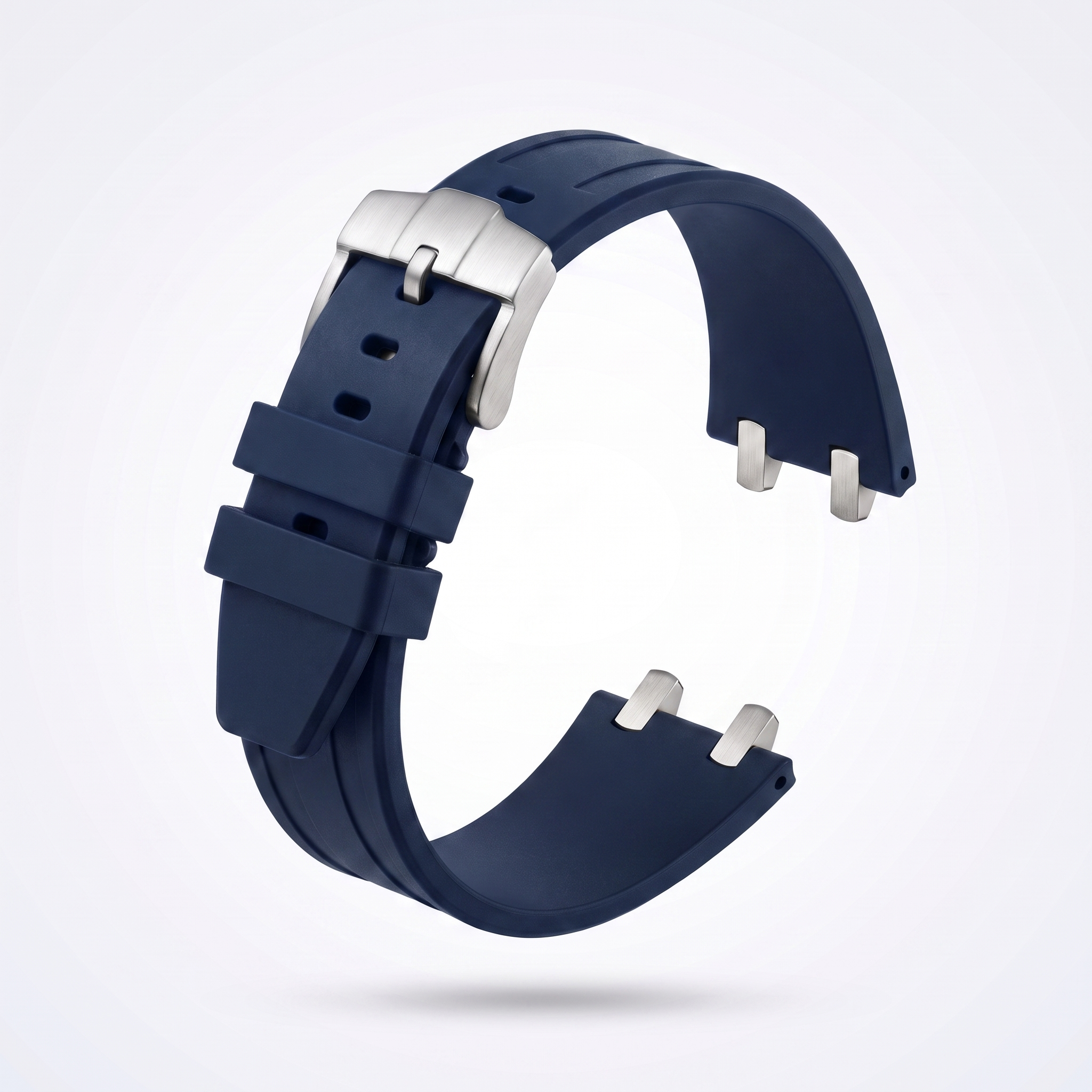 Midnight blue 26 mm rubber watch strap for the Apex case with brushed stainless steel pin buckle