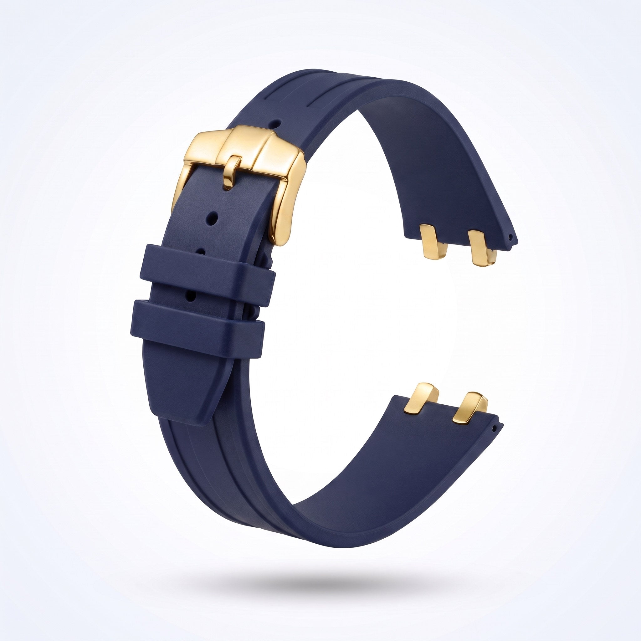 Navy blue 26 mm rubber watch strap for the Apex case with polished yellow gold pin buckle