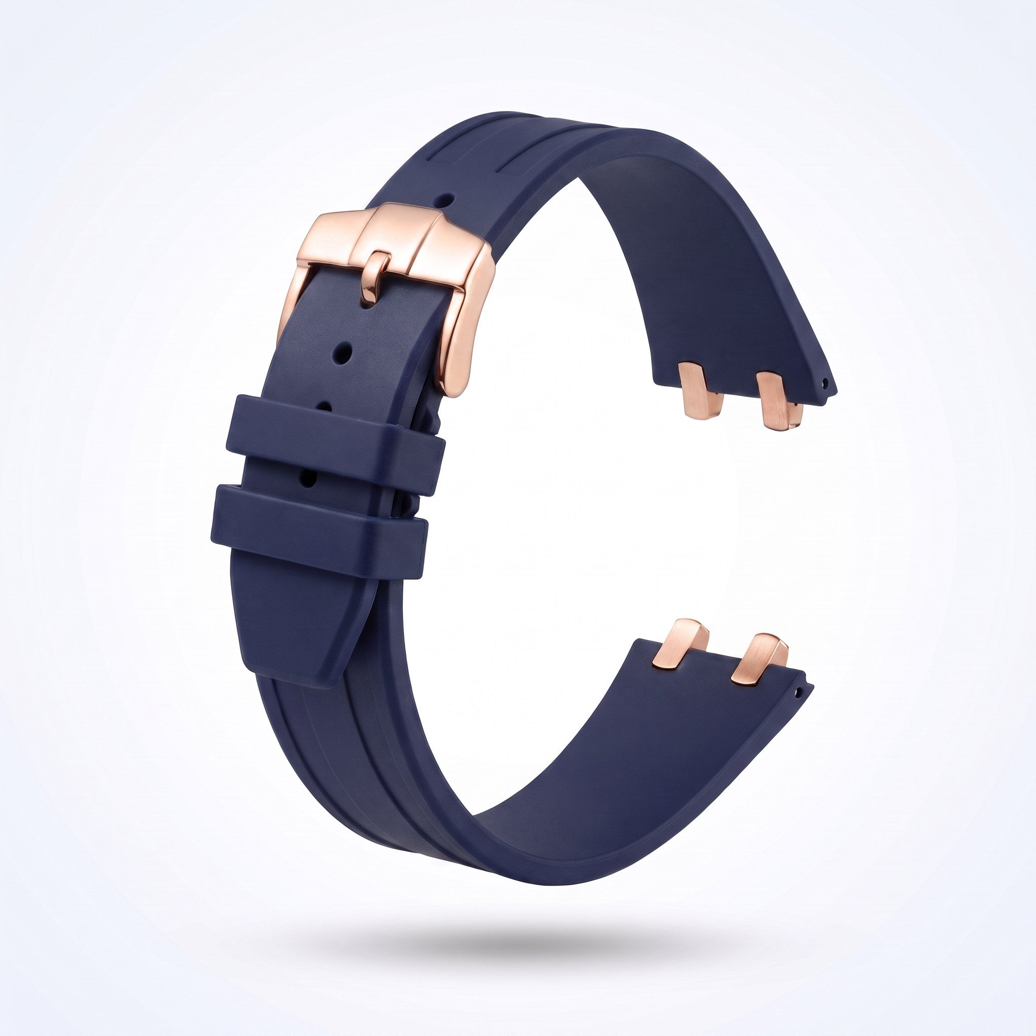 Navy blue 26 mm rubber watch strap for the Apex case with polished rose gold pin buckle