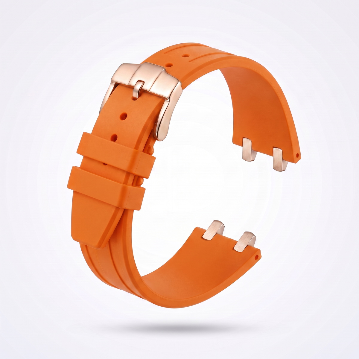 Orange 26 mm rubber watch strap for the Apex case with polished rose gold pin buckle