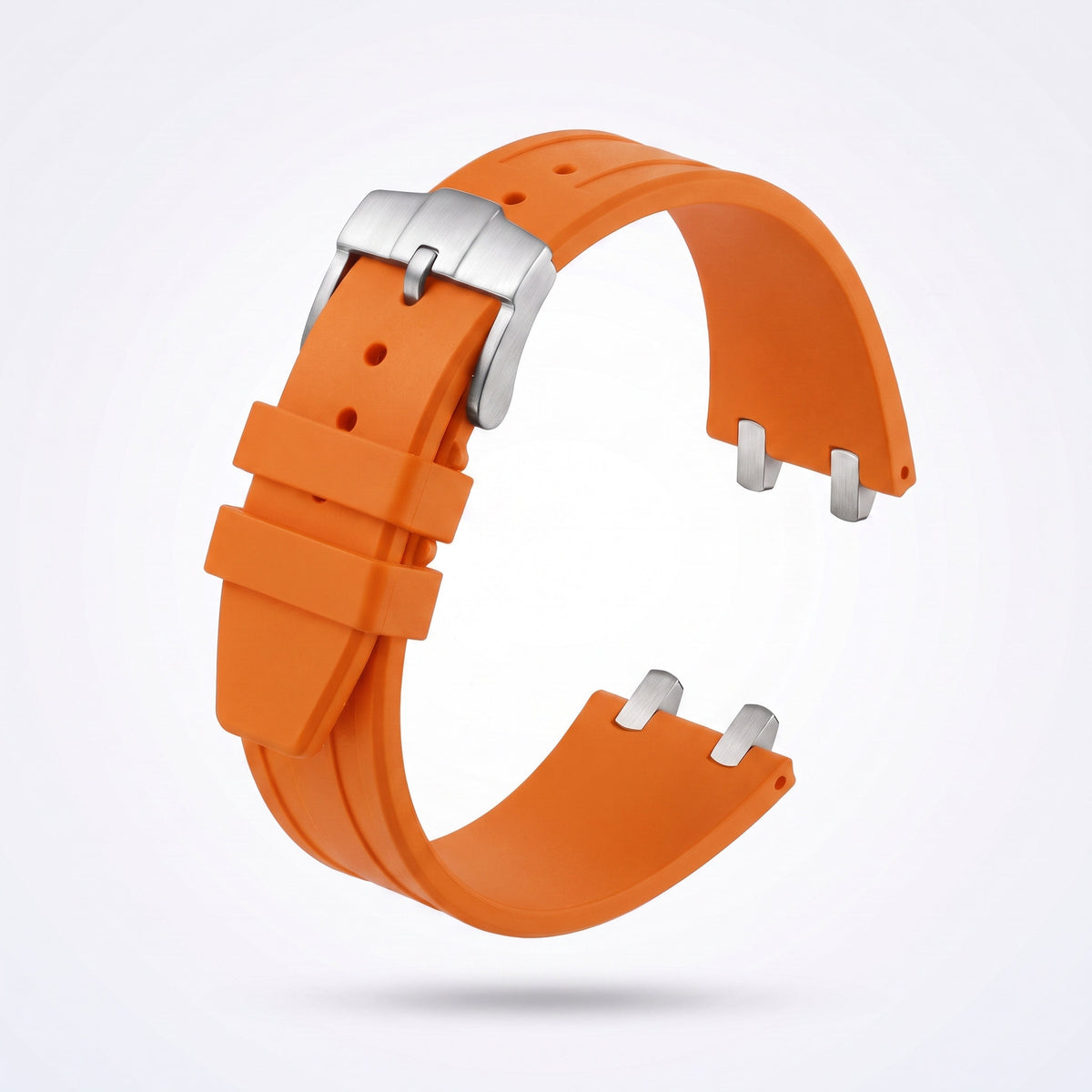 Orange 26 mm rubber watch strap for the Apex case with brushed stainless steel pin buckle