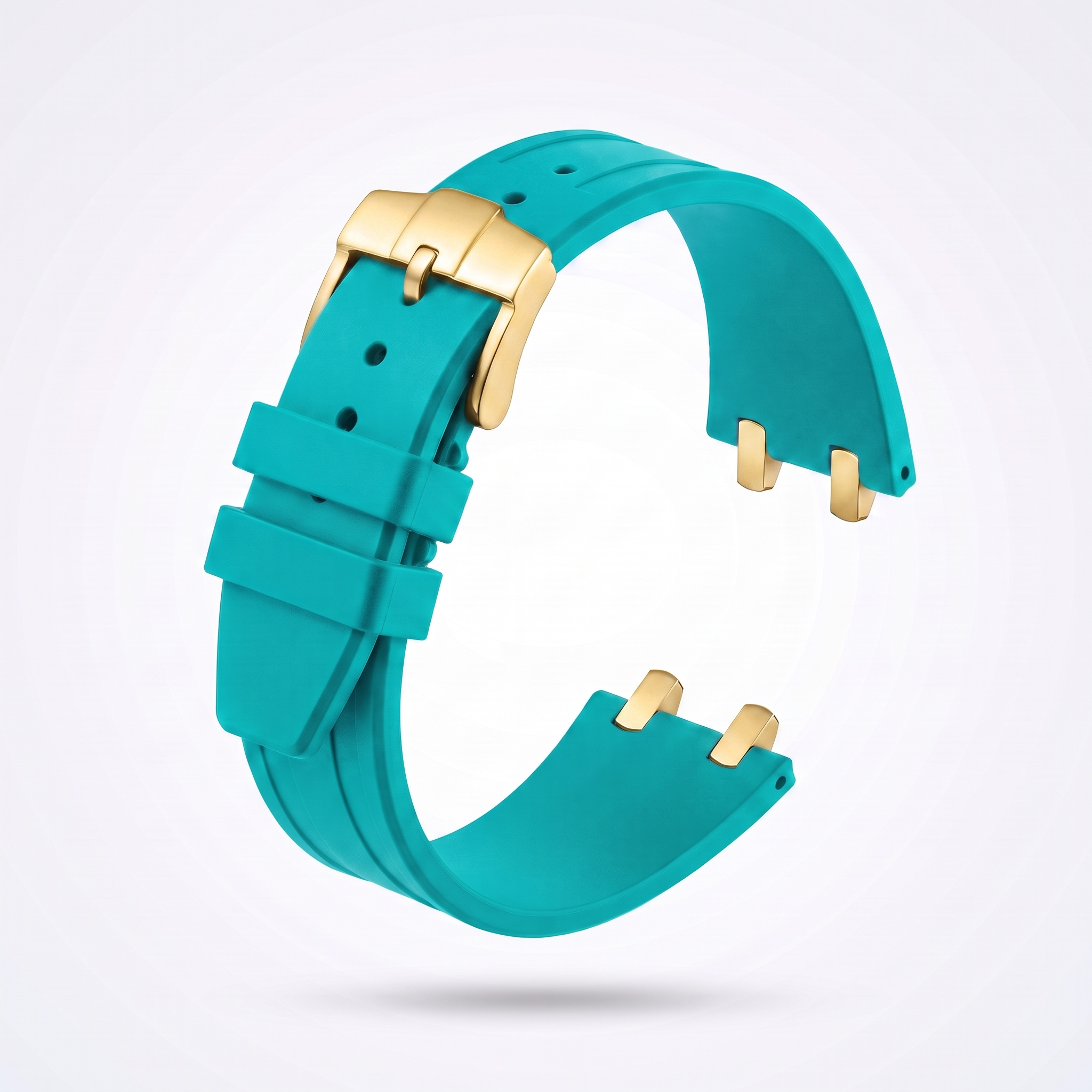 Turquoise 26 mm rubber watch strap for the Apex case with polished yellow gold pin buckle