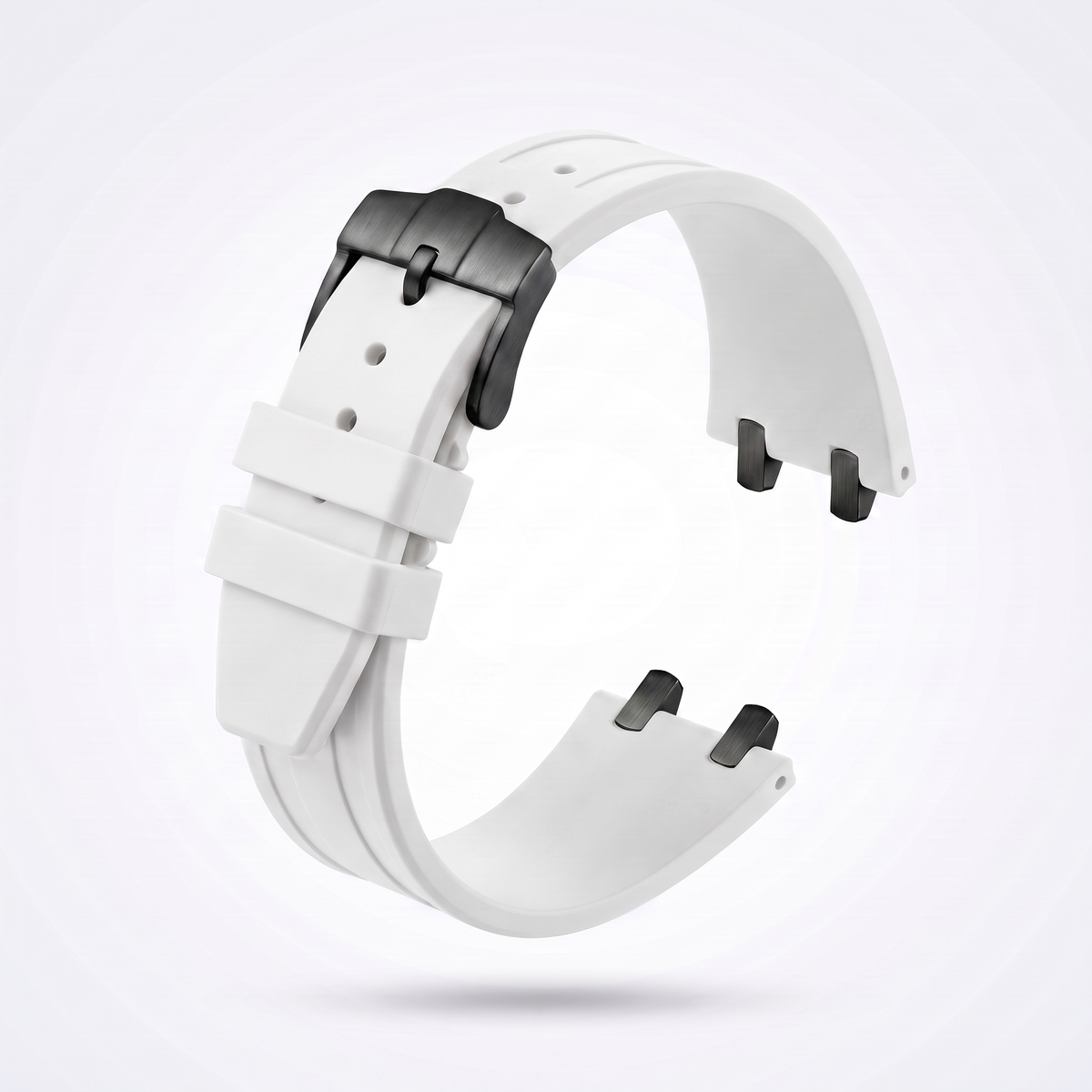 White 26 mm rubber watch strap for the Apex case with matte black PVD pin buckle