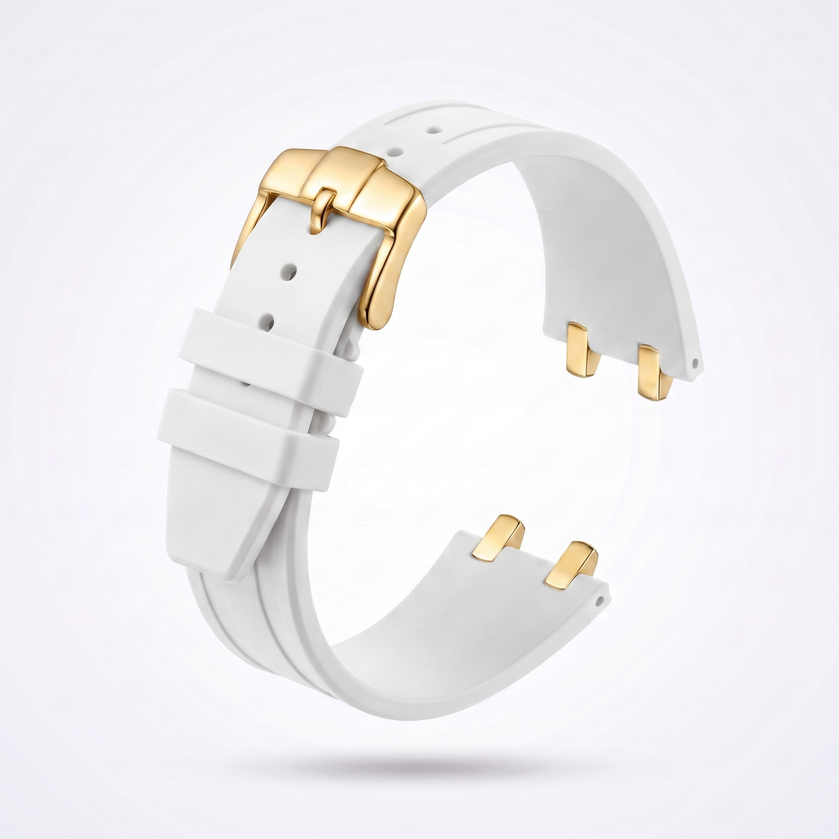 White 26 mm rubber watch strap for the Apex case with polished yellow gold pin buckle