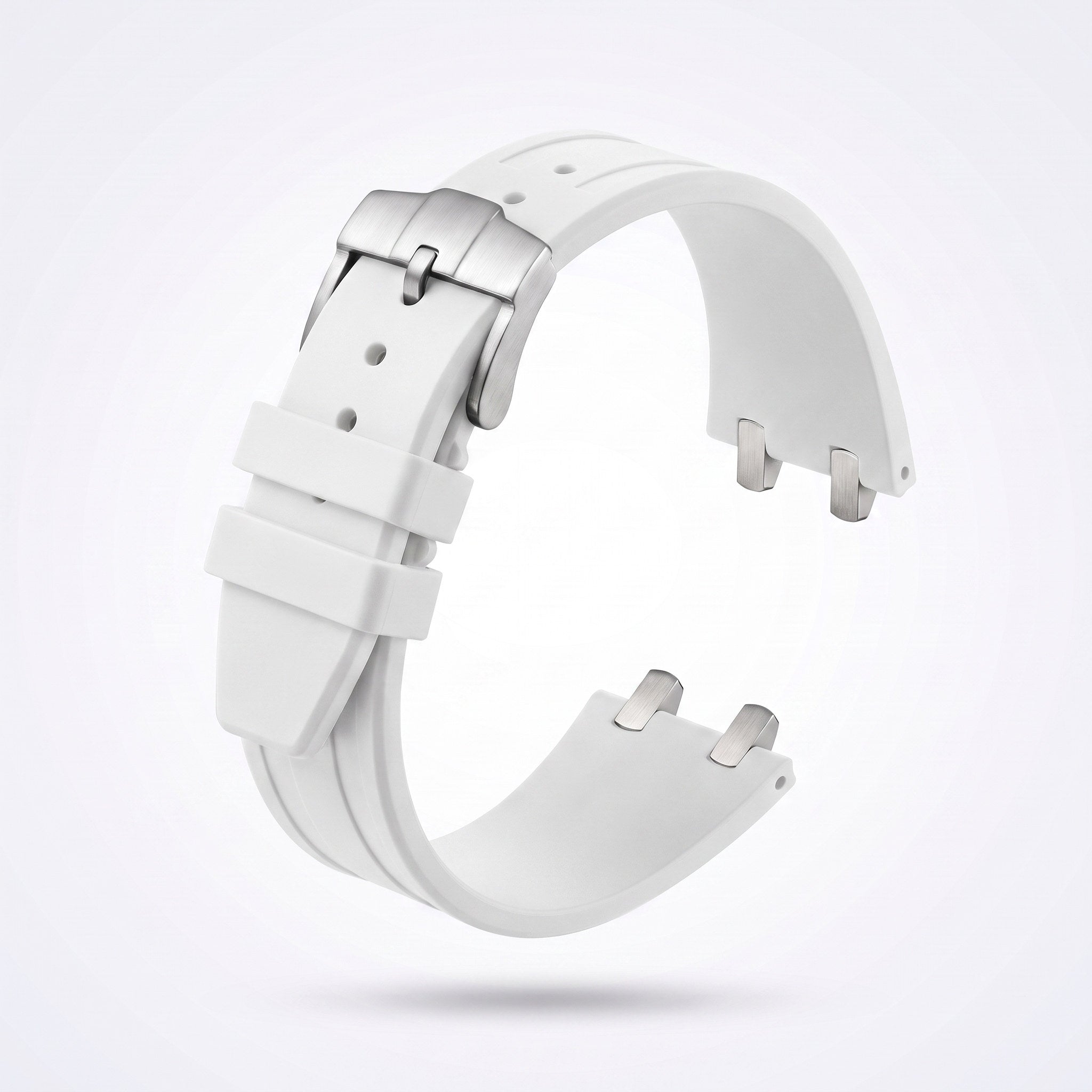 White 26 mm rubber watch strap for the Apex case with brushed stainless steel pin buckle