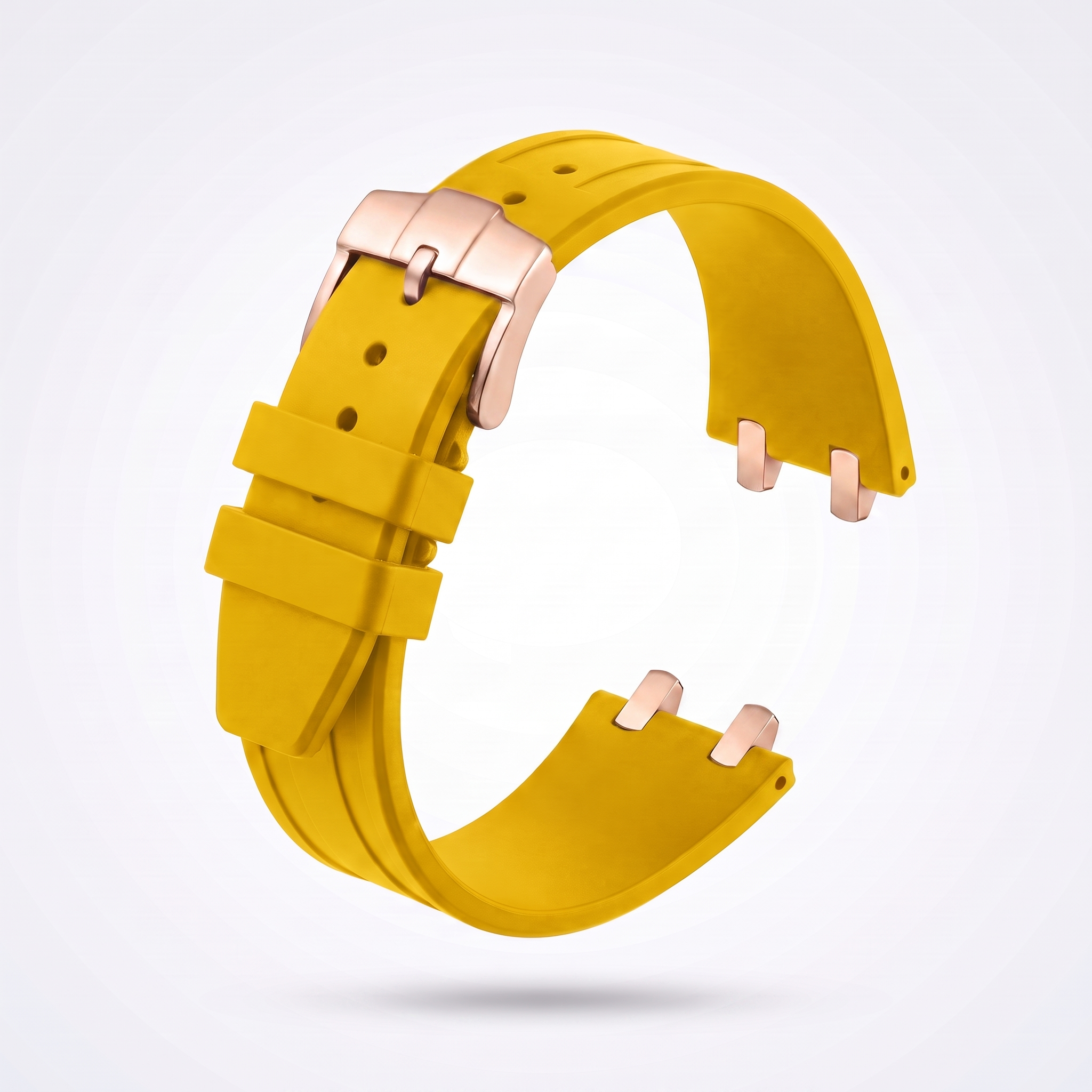 Yellow 26 mm rubber watch strap for the Apex case with polished rose gold pin buckle