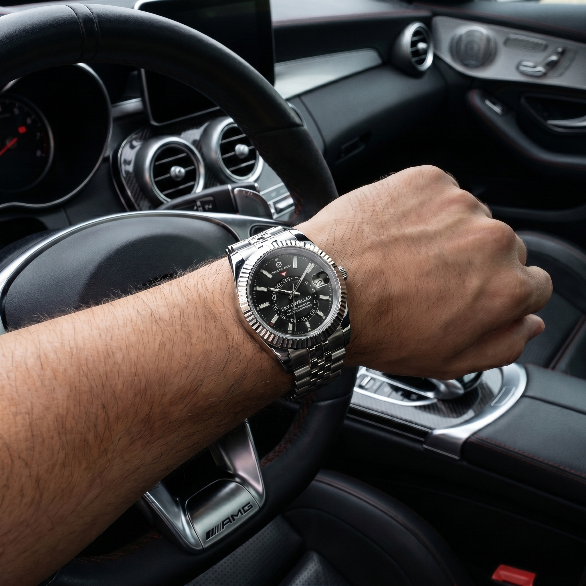 Classic Date Black Sky-Dweller - wrist shot in car