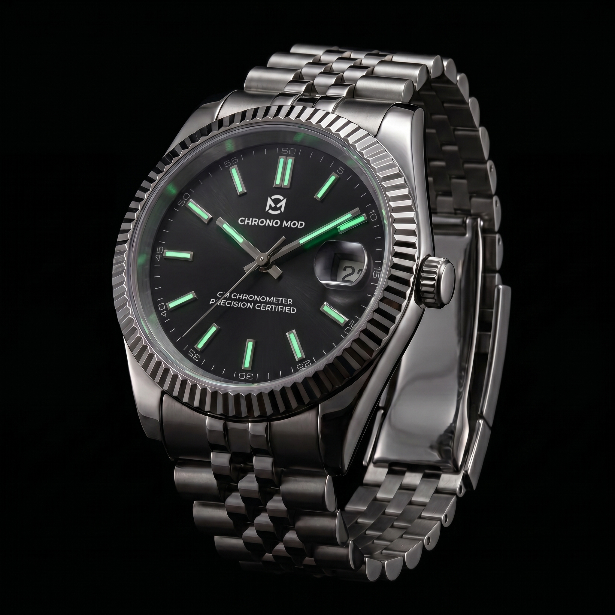 Classic Date Black Sunburst - lume night shot