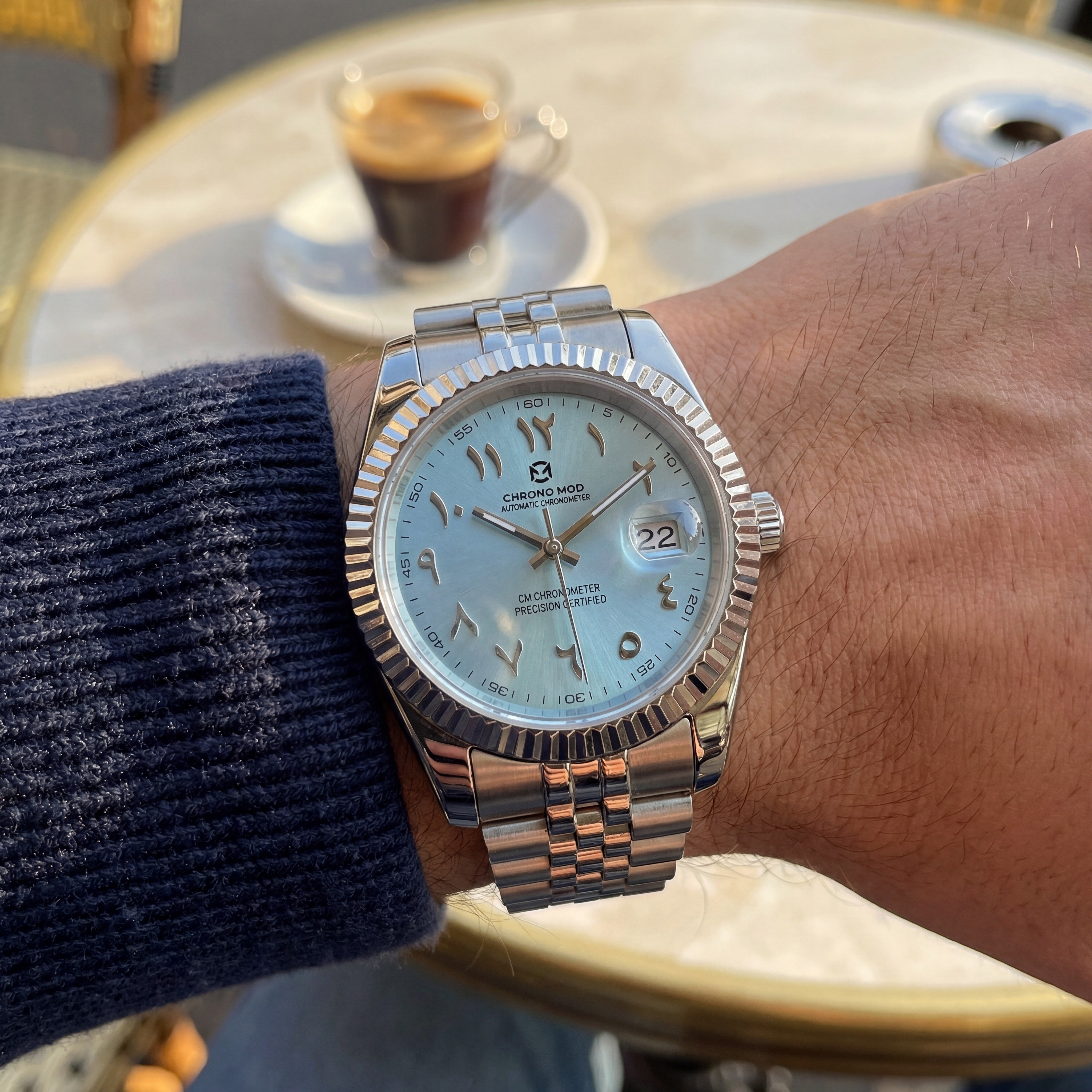 Classic Date – Light Blue Arabic Dial Chronometer Chrono Mod