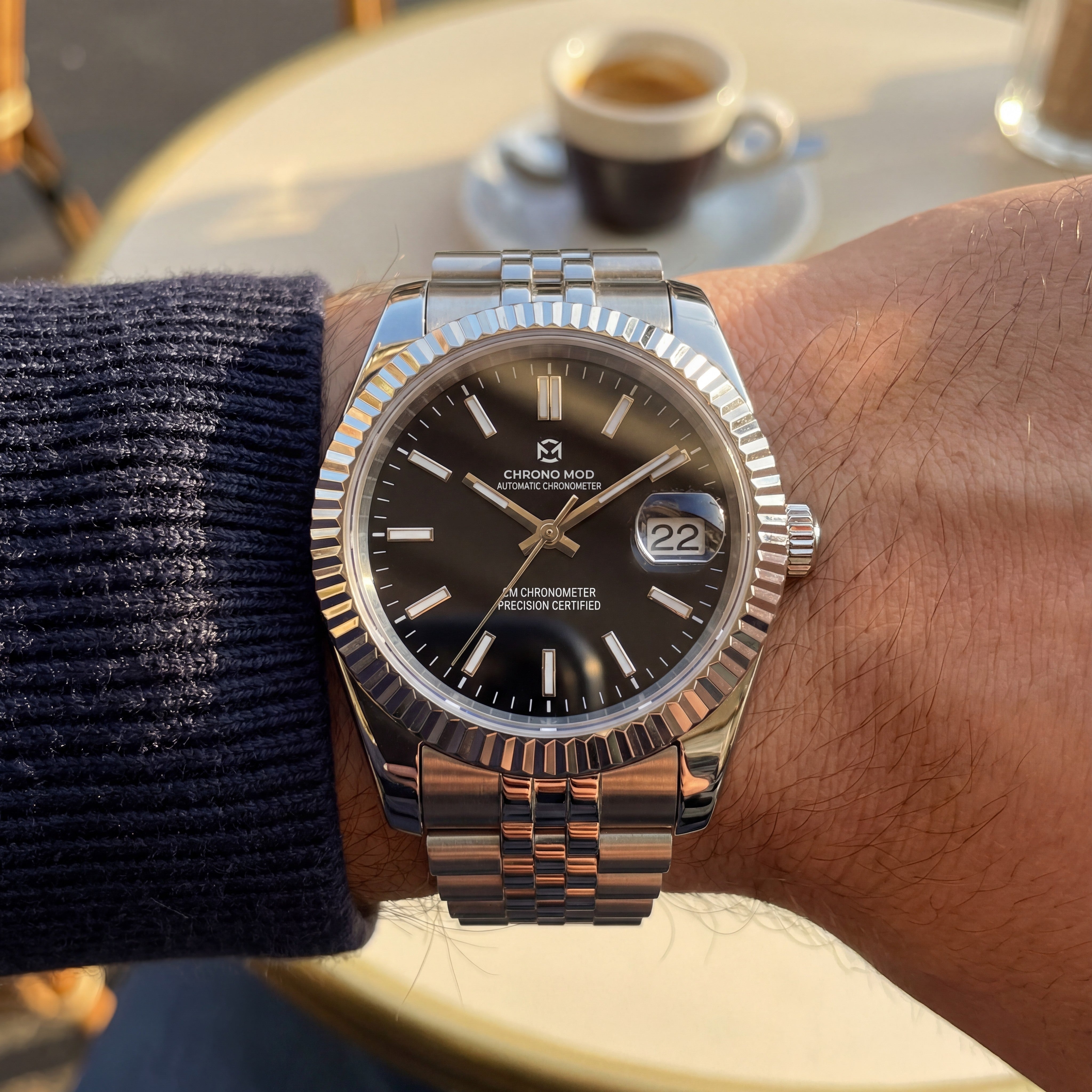 Classic Date – Black Sunburst Dial Chrono Mod