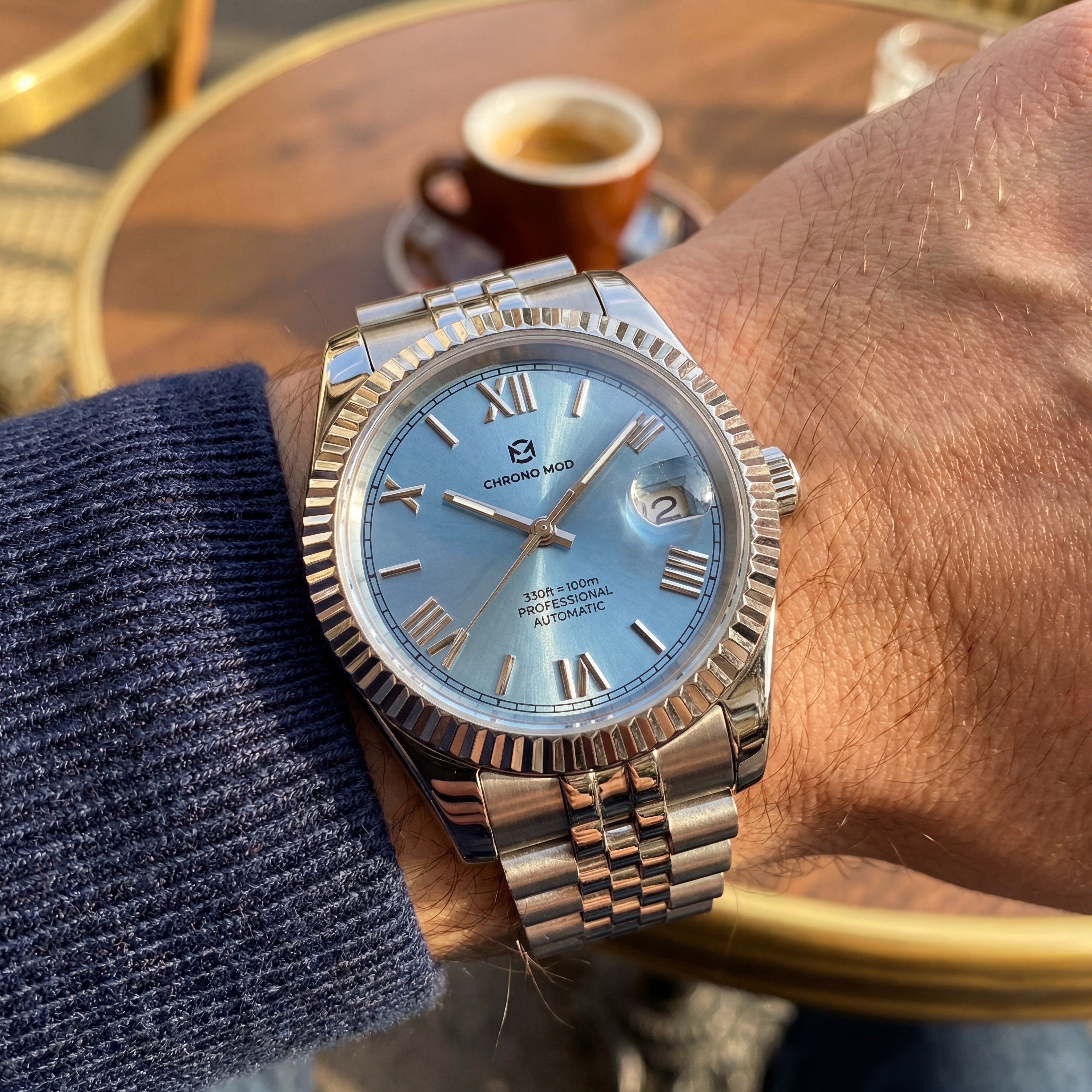 Classic Date – Light Blue Roman Dial Chrono Mod