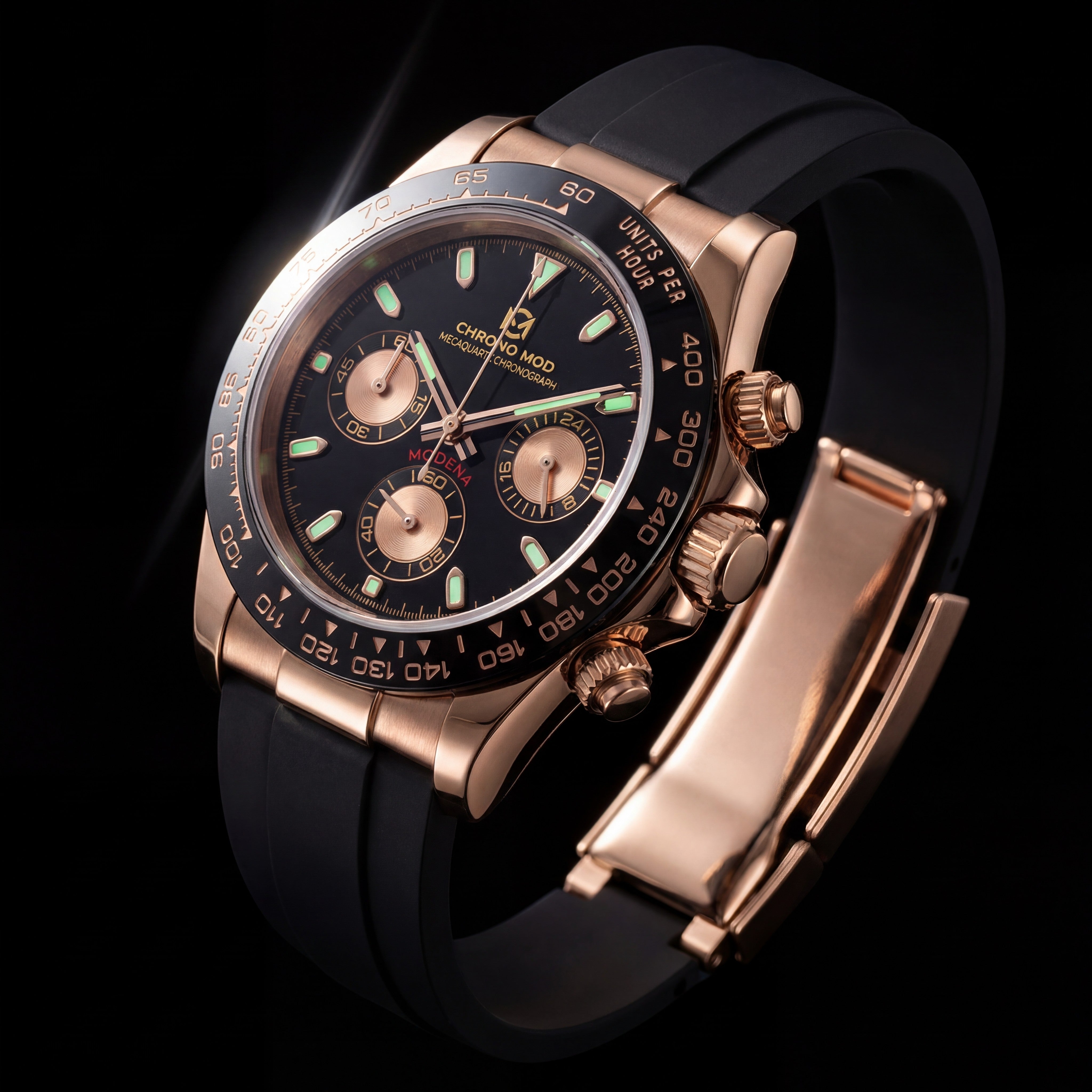 Modena – Black Chronograph · Rose Gold Rubber Chrono Mod