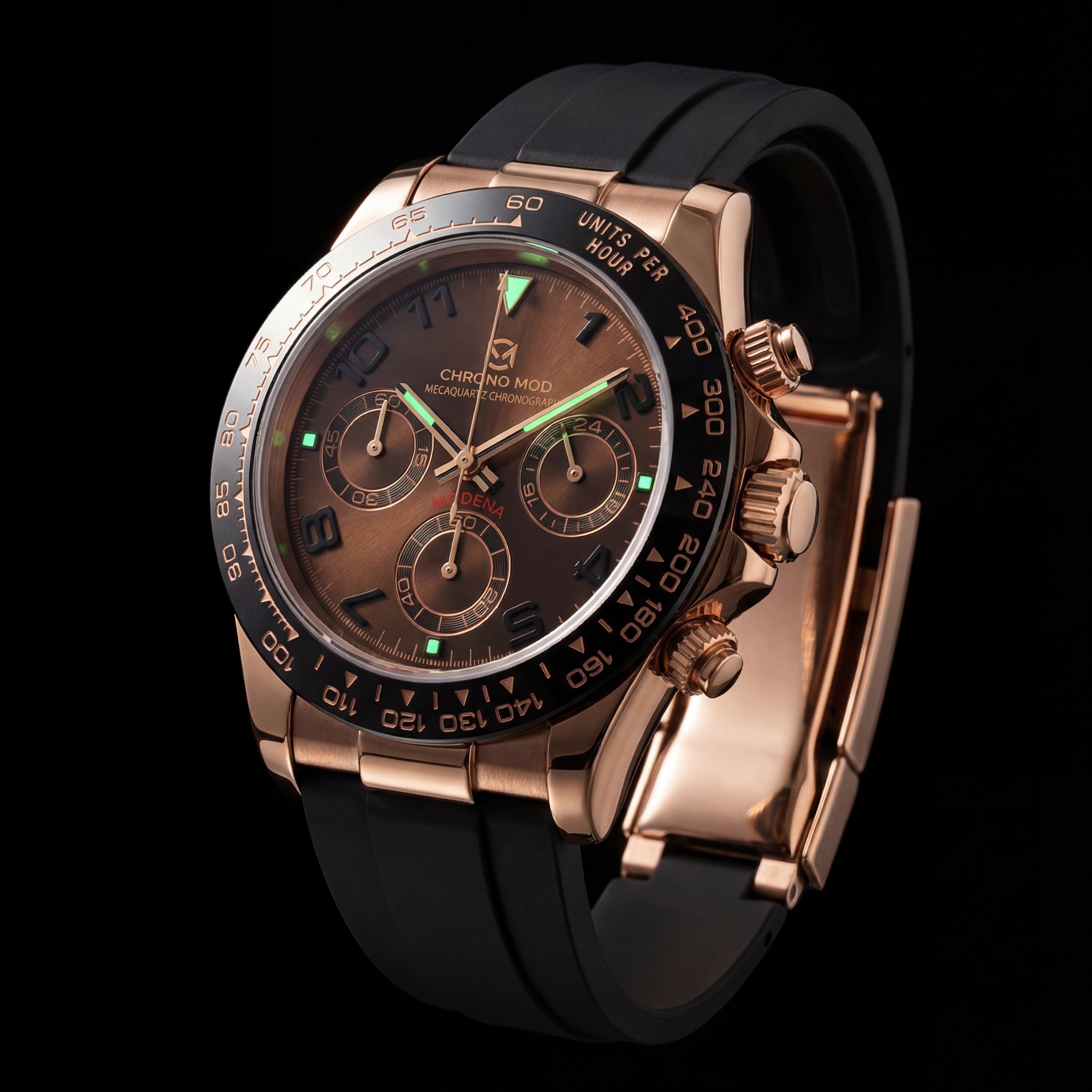Modena – Chocolate Dial · Rose Gold Chronograph Rubber Strap Chrono Mod