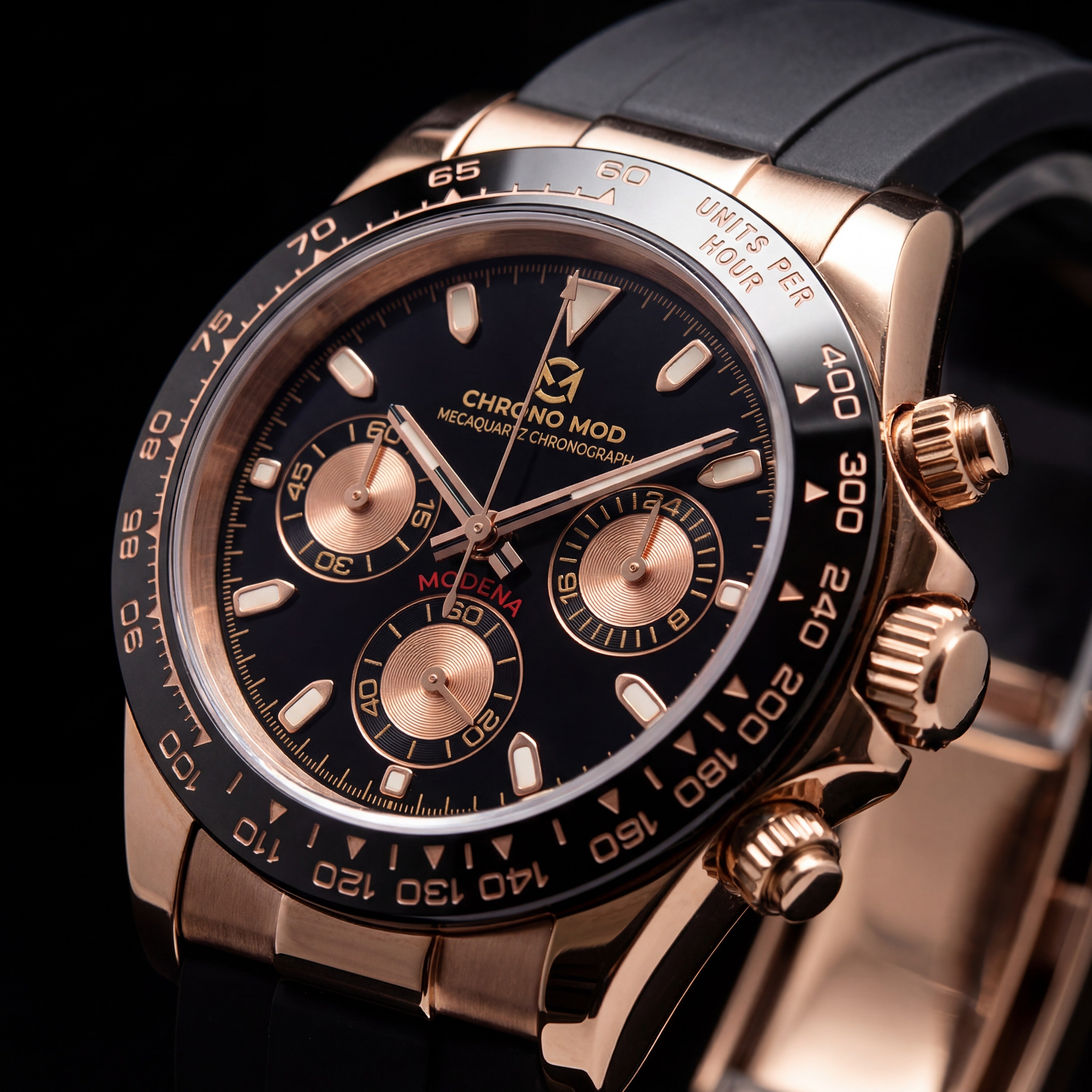 Modena – Black Chronograph · Rose Gold Rubber Chrono Mod