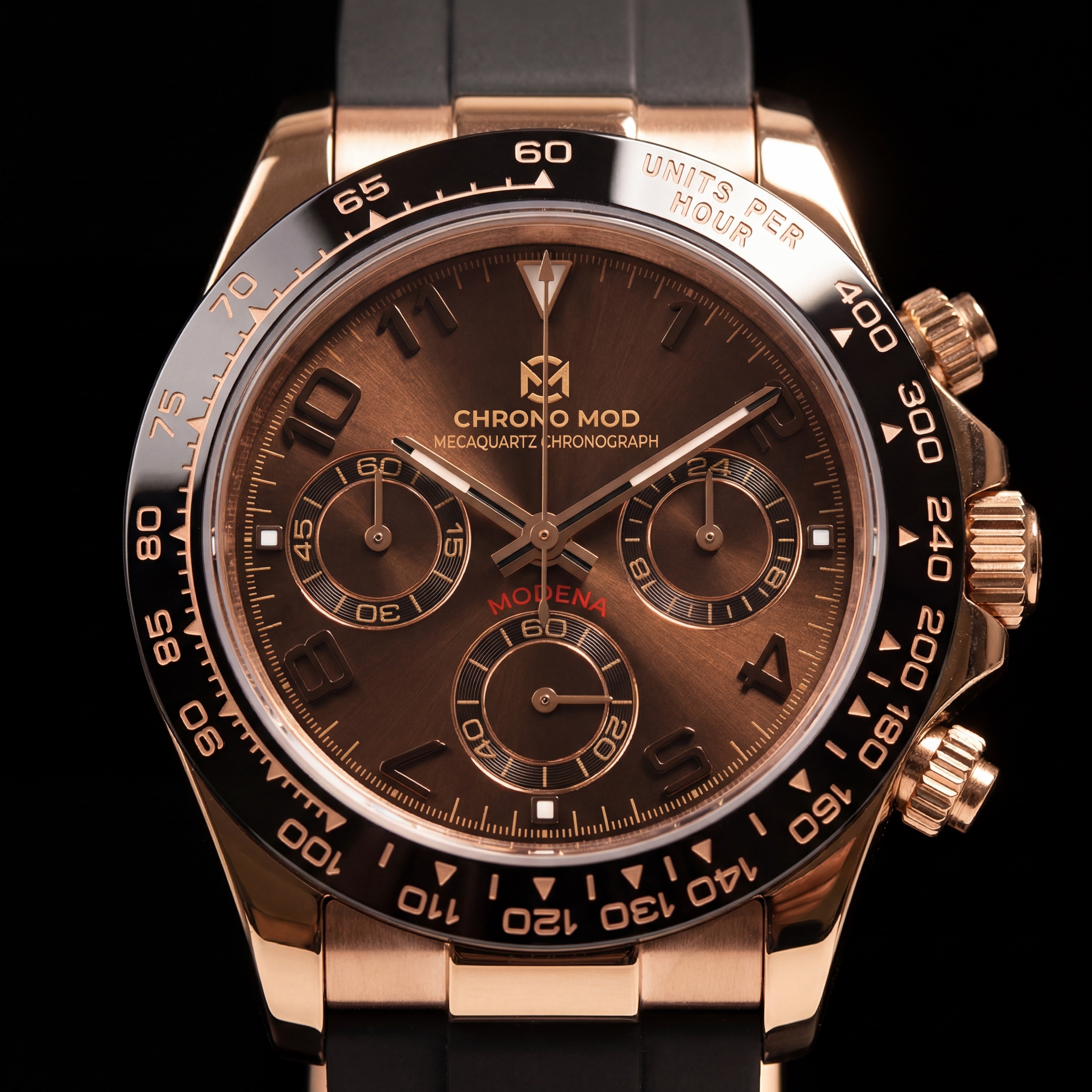 Modena – Chocolate Dial · Rose Gold Chronograph Rubber Strap Chrono Mod