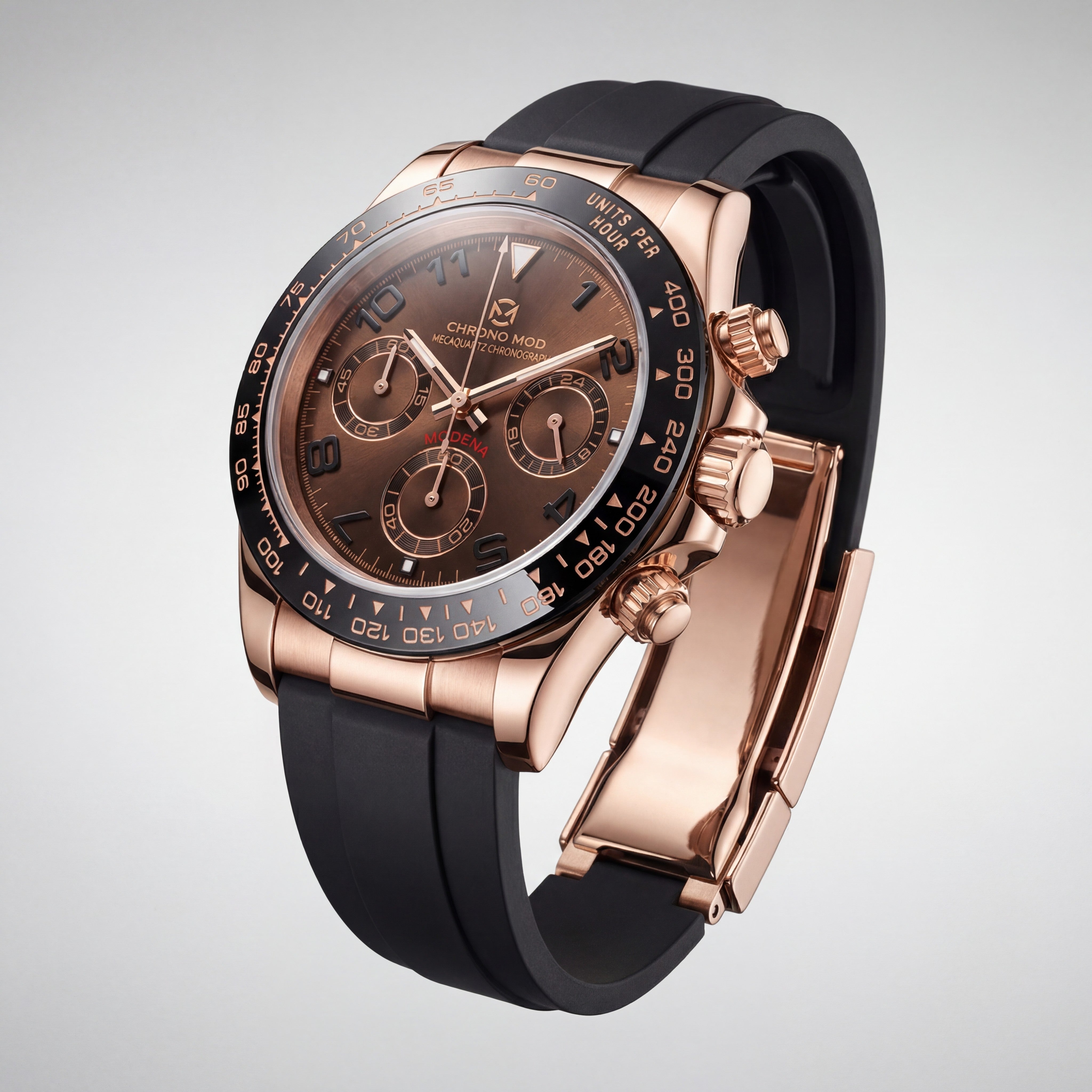 Modena – Chocolate Dial · Rose Gold Chronograph Rubber Strap Chrono Mod