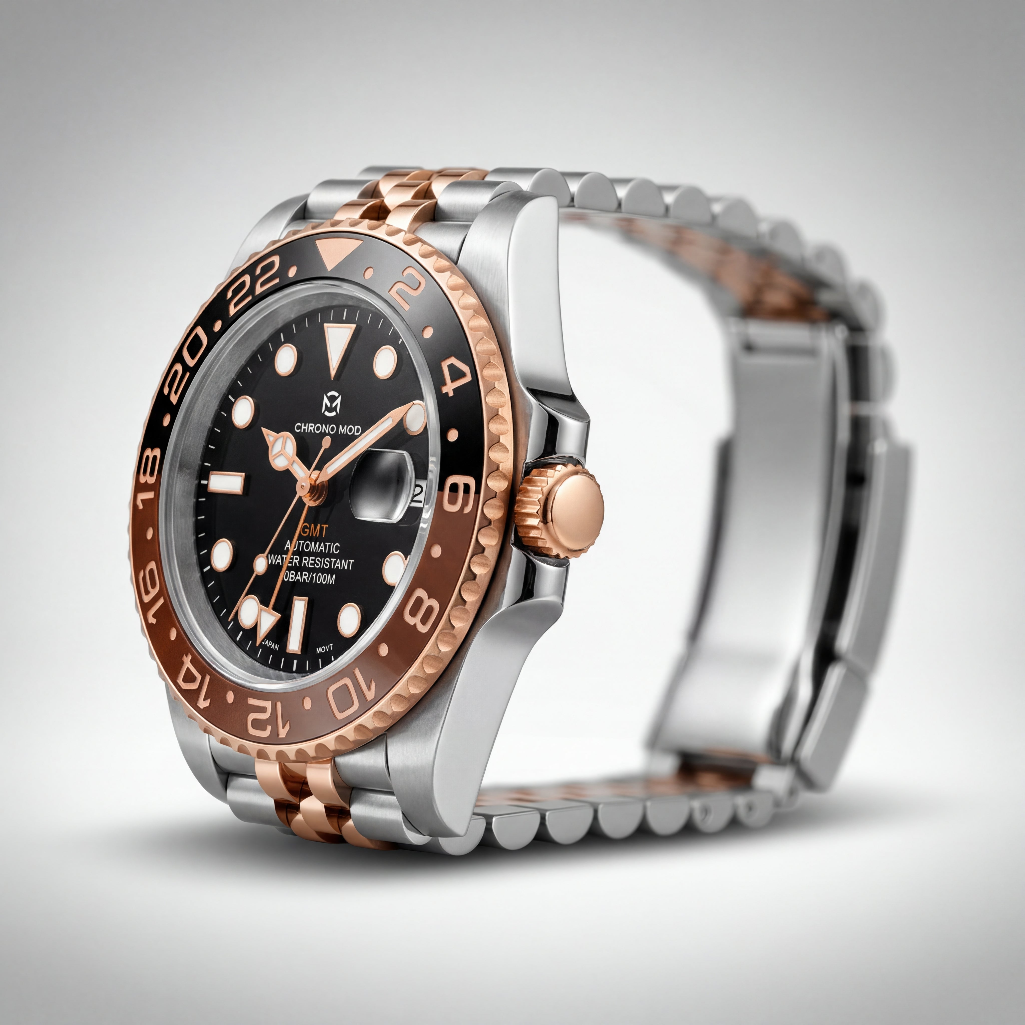 GMT Dual-Time Rootbeer – Rose Gold Chrono Mod