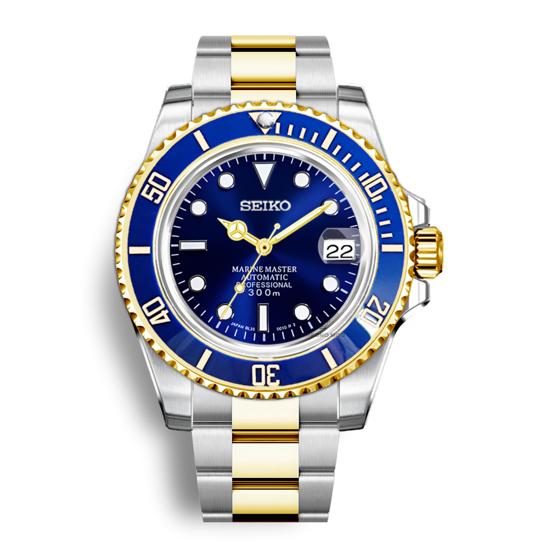 Seiko Mod Submariner Oyster Rolesor Gold | Blue