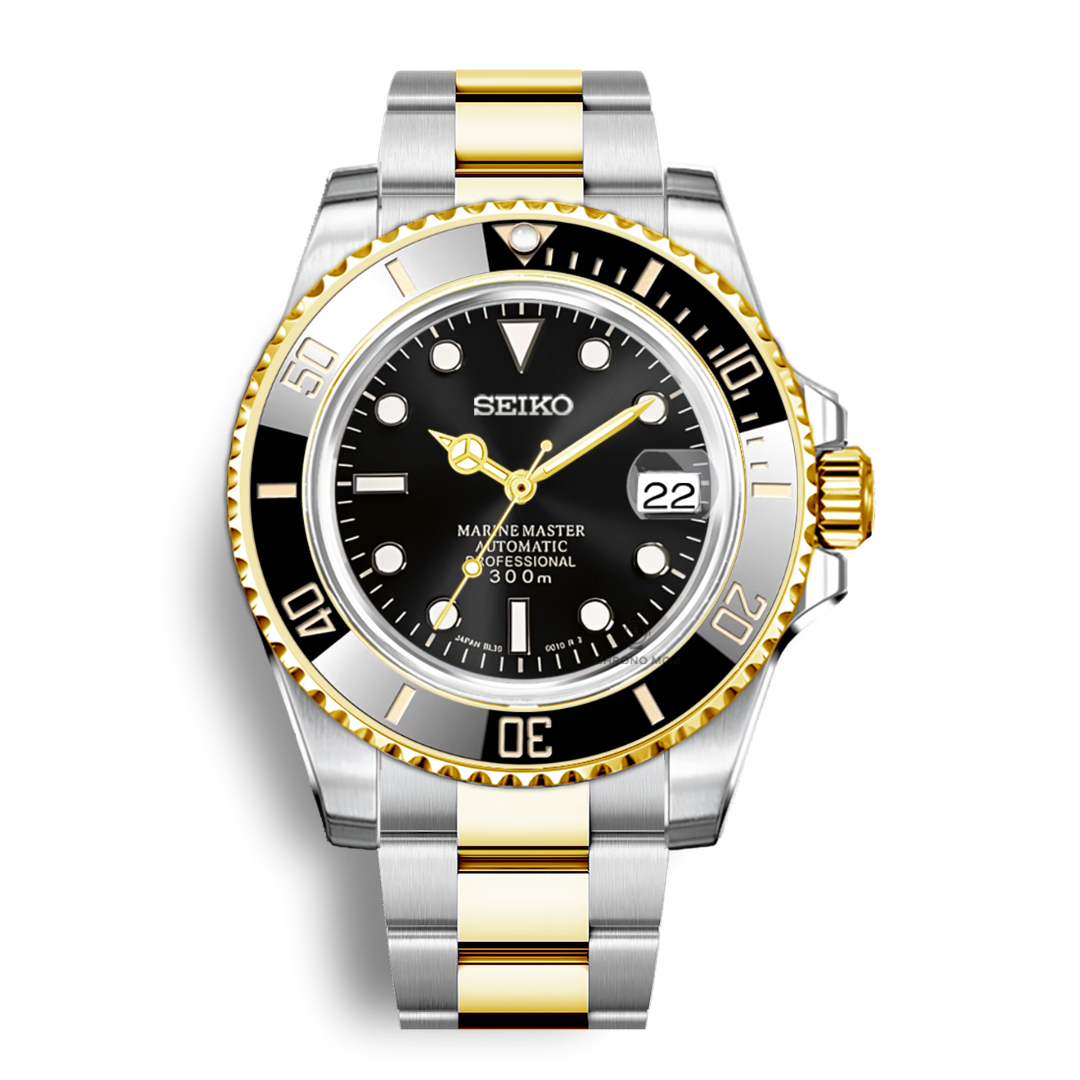 Seiko Mod Submariner Oyster Rolesor Gold | Black