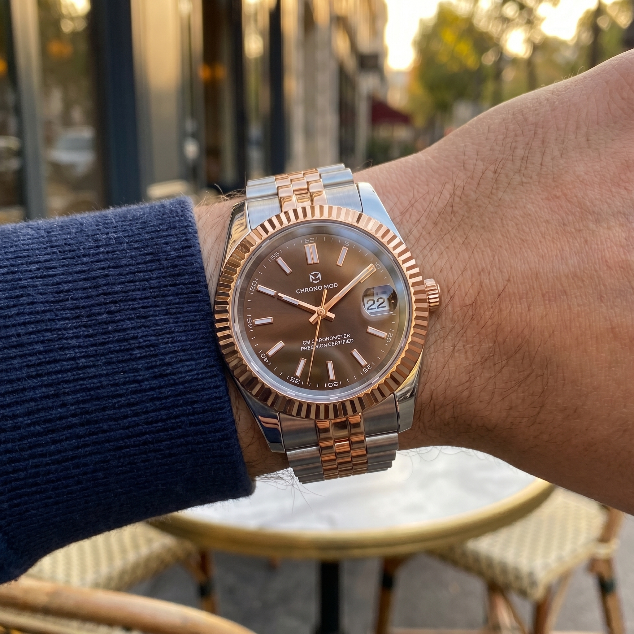 Classic Date Chocolate Sunburst - wrist shot lifestyle