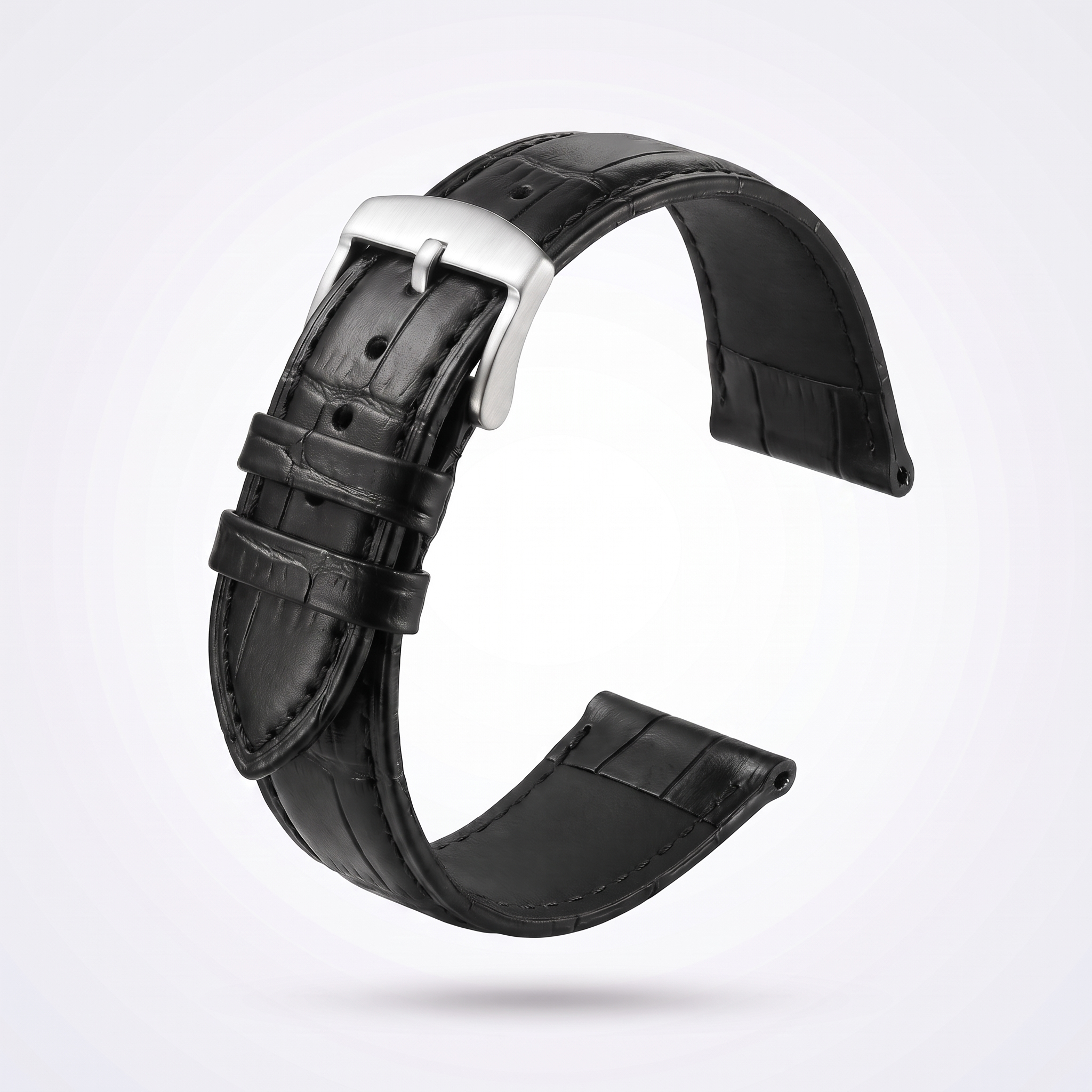 Horizon croc leather watch strap, Classic Black, brushed steel pin buckle
