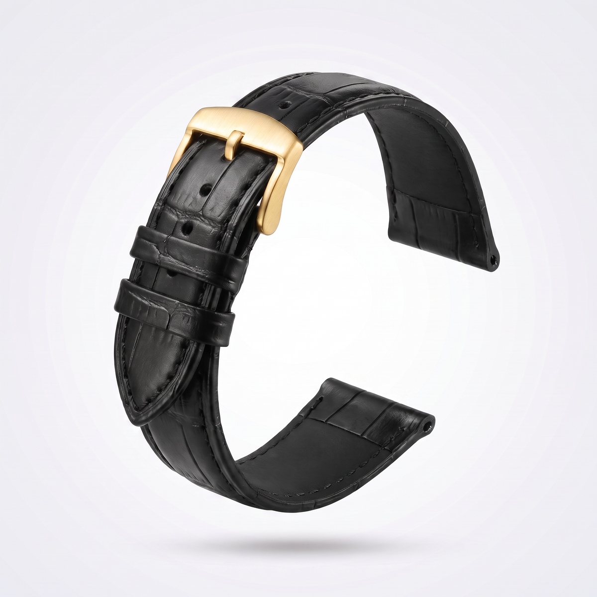 Horizon croc leather watch strap, Classic Black, yellow gold pin buckle