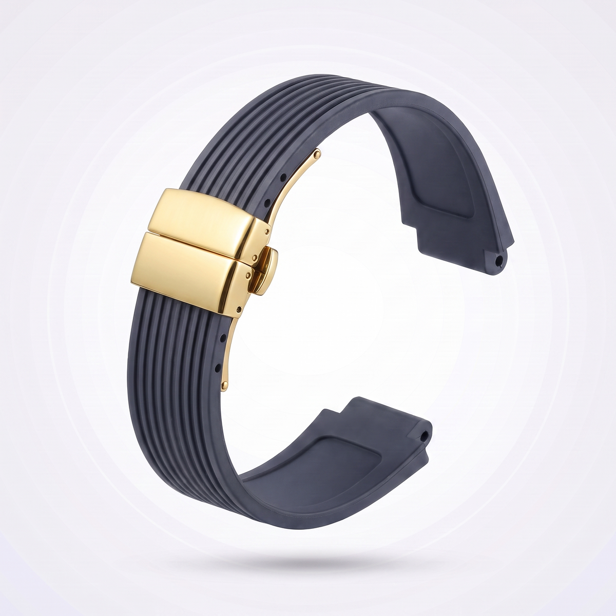 Horizon silicone watch strap, Dark blue, yellow gold deployant clasp