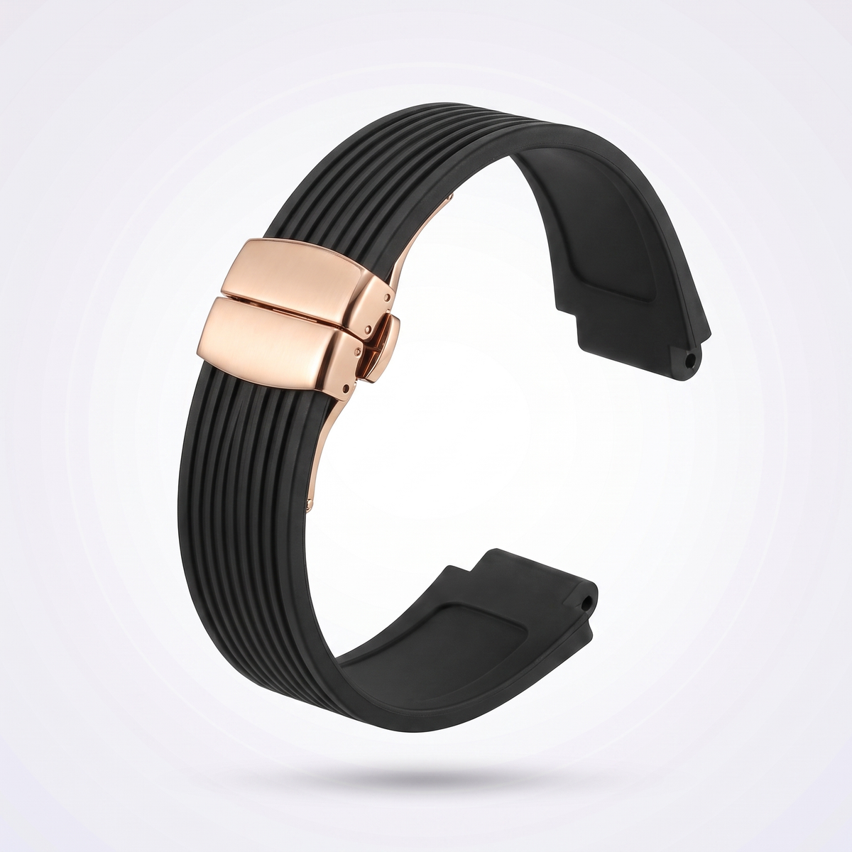 Horizon silicone watch strap, Classic Black, rose gold deployant clasp