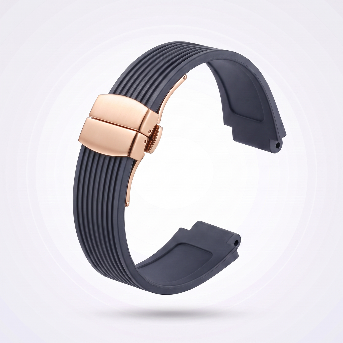 Horizon silicone watch strap, Dark blue, rose gold deployant clasp