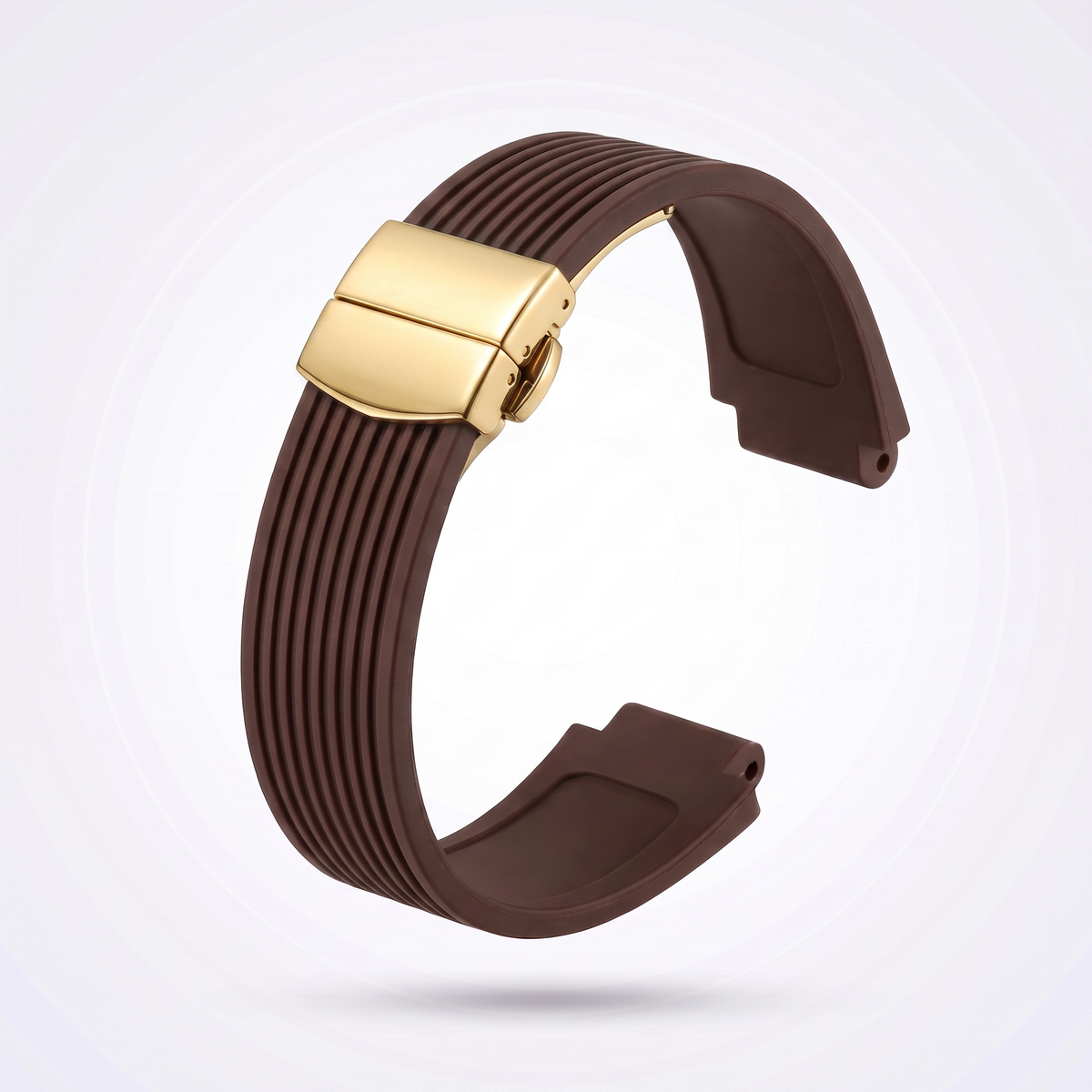 Horizon silicone watch strap, Brown, yellow gold deployant clasp