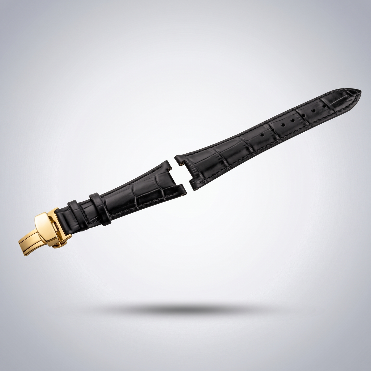 Horizon croc leather watch strap, Classic Black, yellow gold deployant clasp