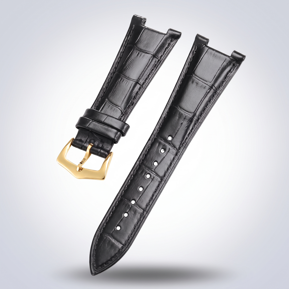 Horizon croc leather watch strap, Classic Black, yellow gold pin buckle