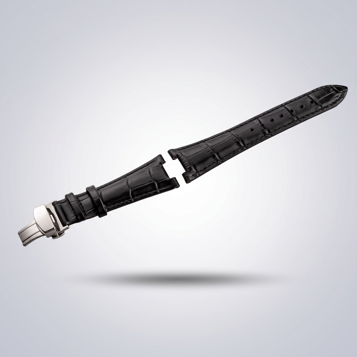 Horizon croc leather watch strap, Classic Black, brushed steel deployant clasp