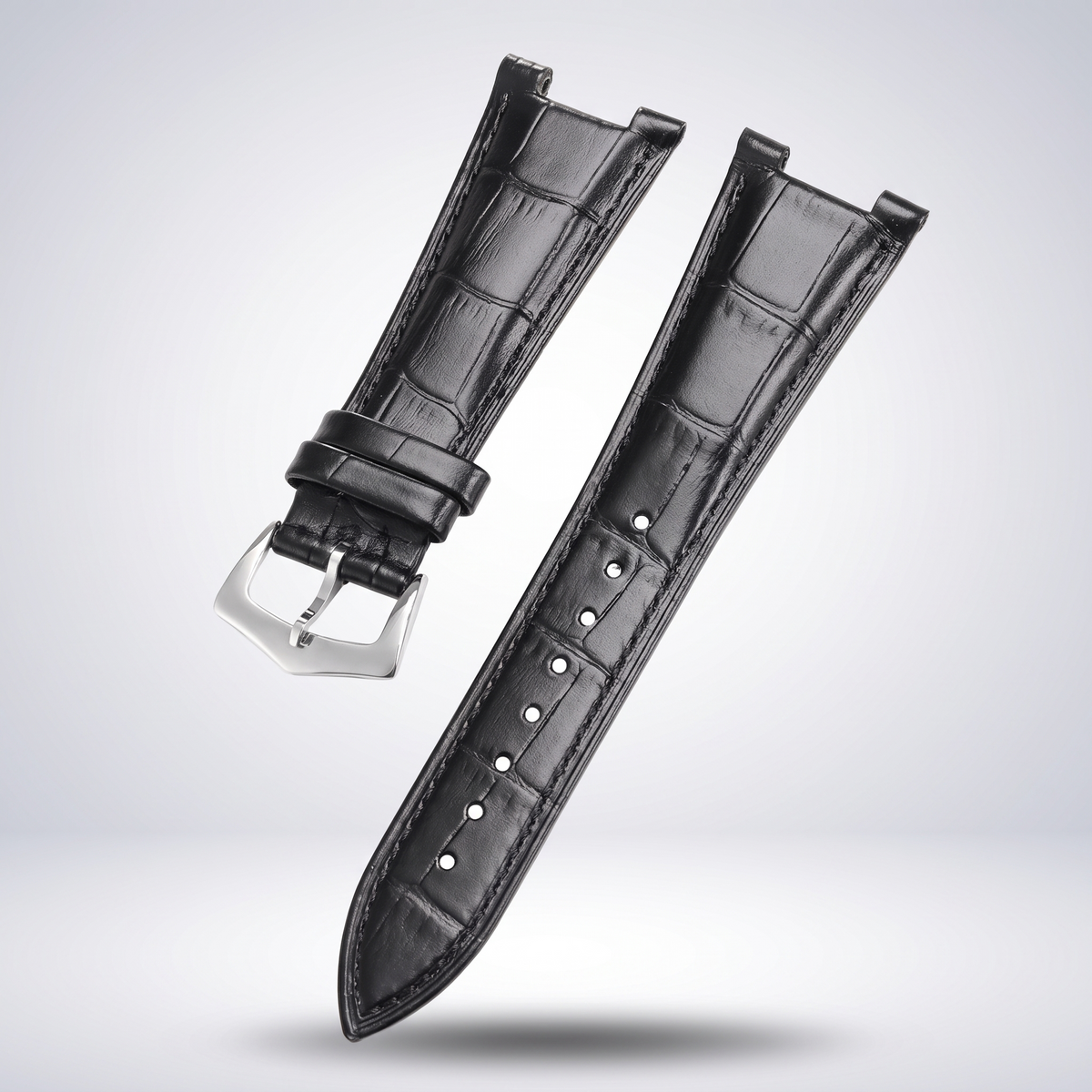 Horizon croc leather watch strap, Classic Black, brushed steel pin buckle