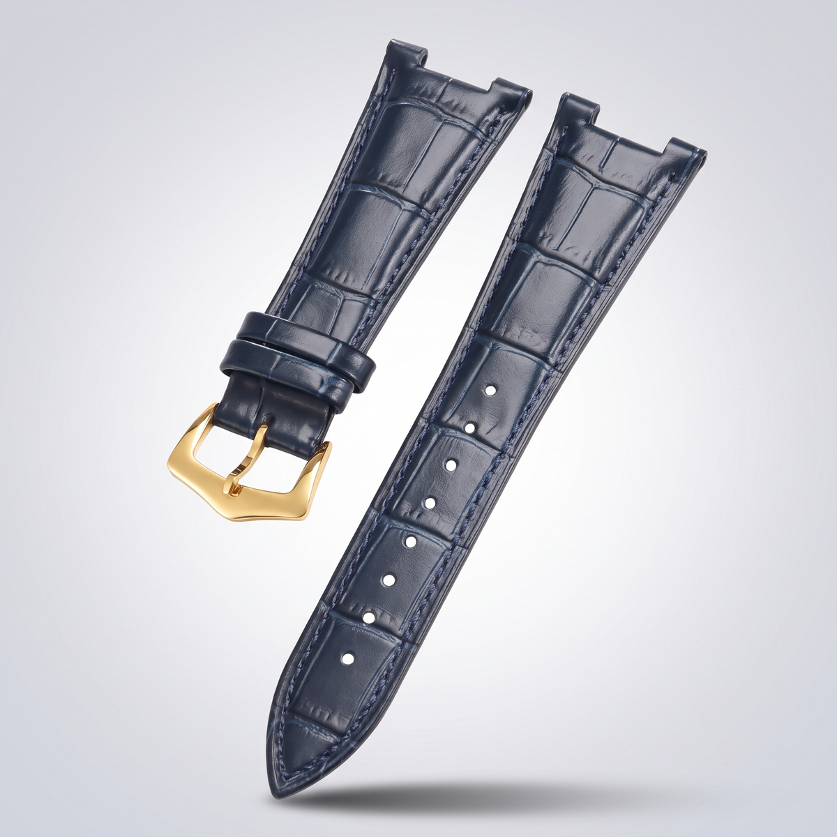 Horizon croc leather watch strap, Blue, yellow gold pin buckle