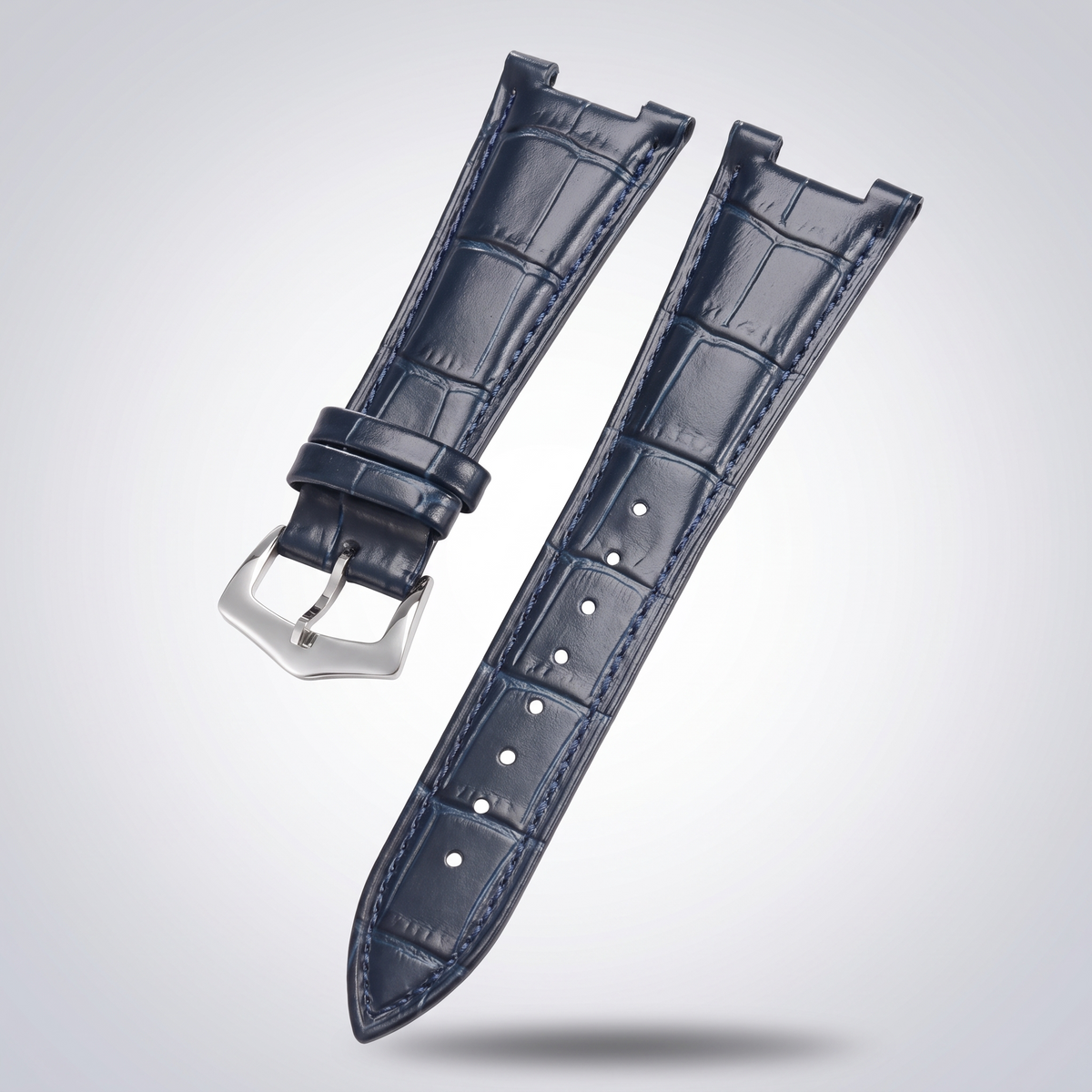 Horizon croc leather watch strap, Blue, brushed steel pin buckle