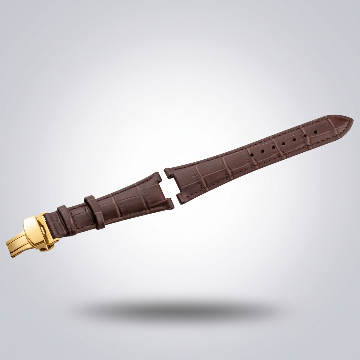 Horizon croc leather watch strap, Brown, yellow gold deployant clasp